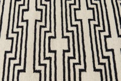 Modern Optical Black and White Striped Flat-Woven Wool Rug