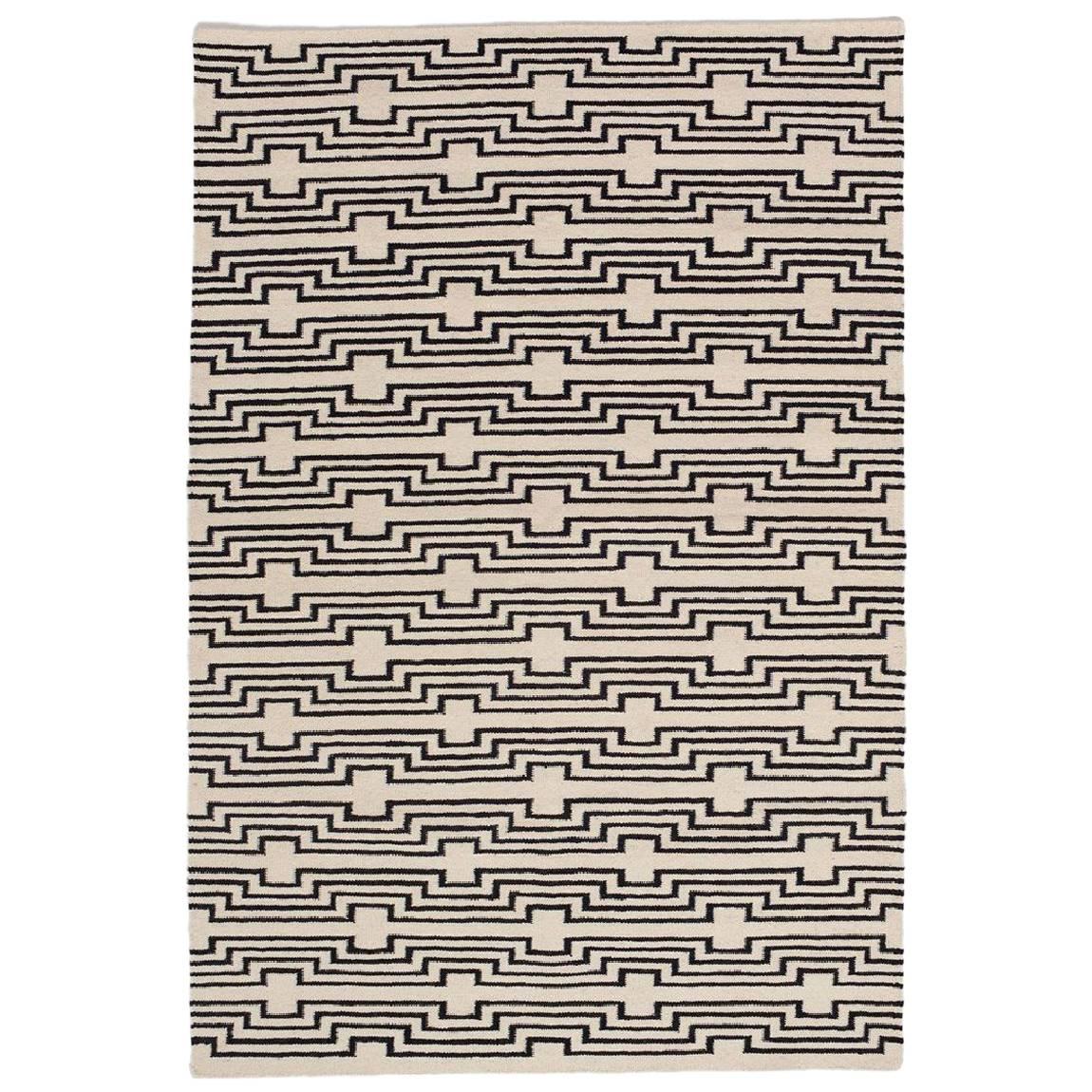Modern Optical Black and White Striped Flat-Woven Wool Rug For Sale