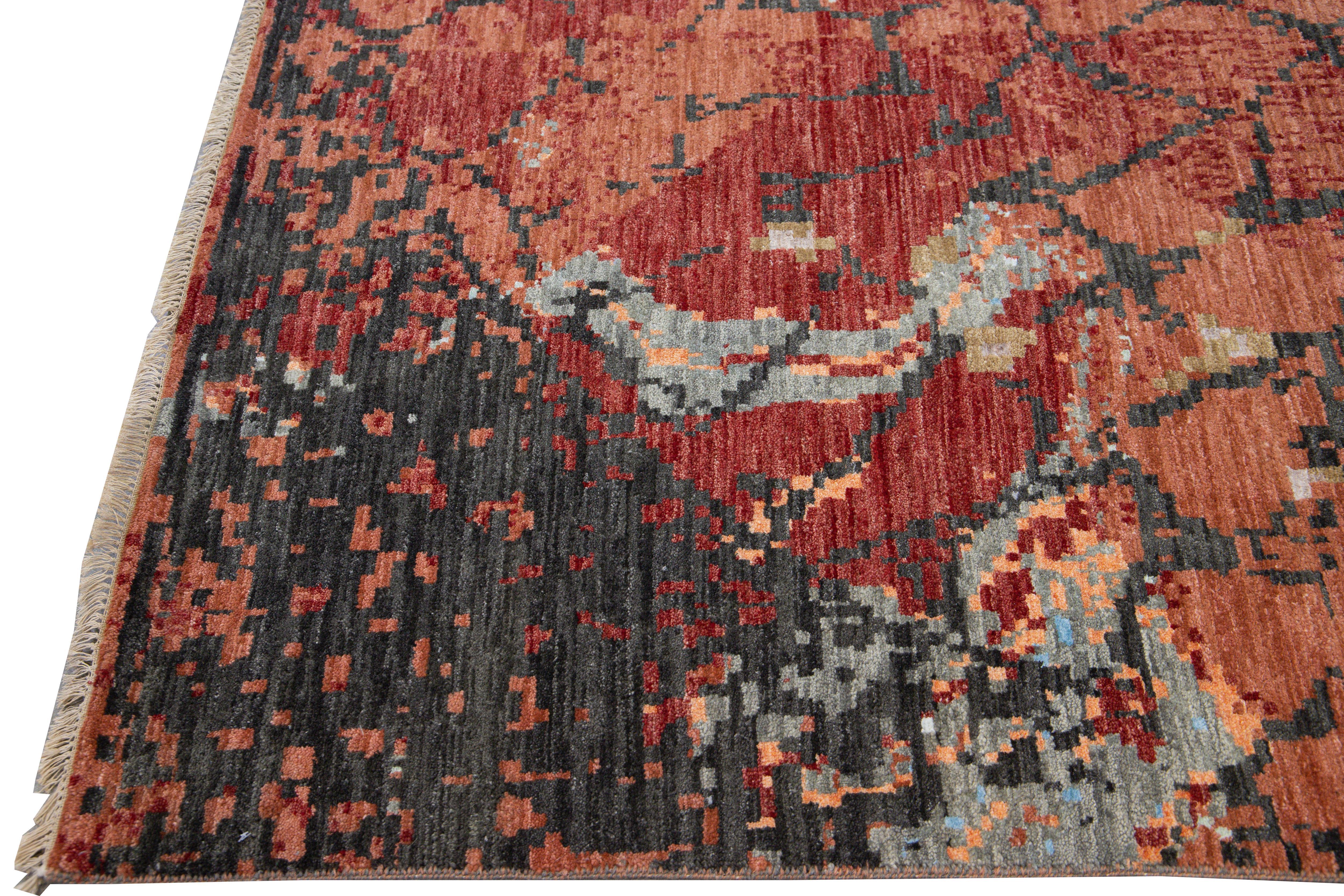 Nepalese Modern Orange and Gray Handmade Geometric Abstract Wool and Silk Rug For Sale
