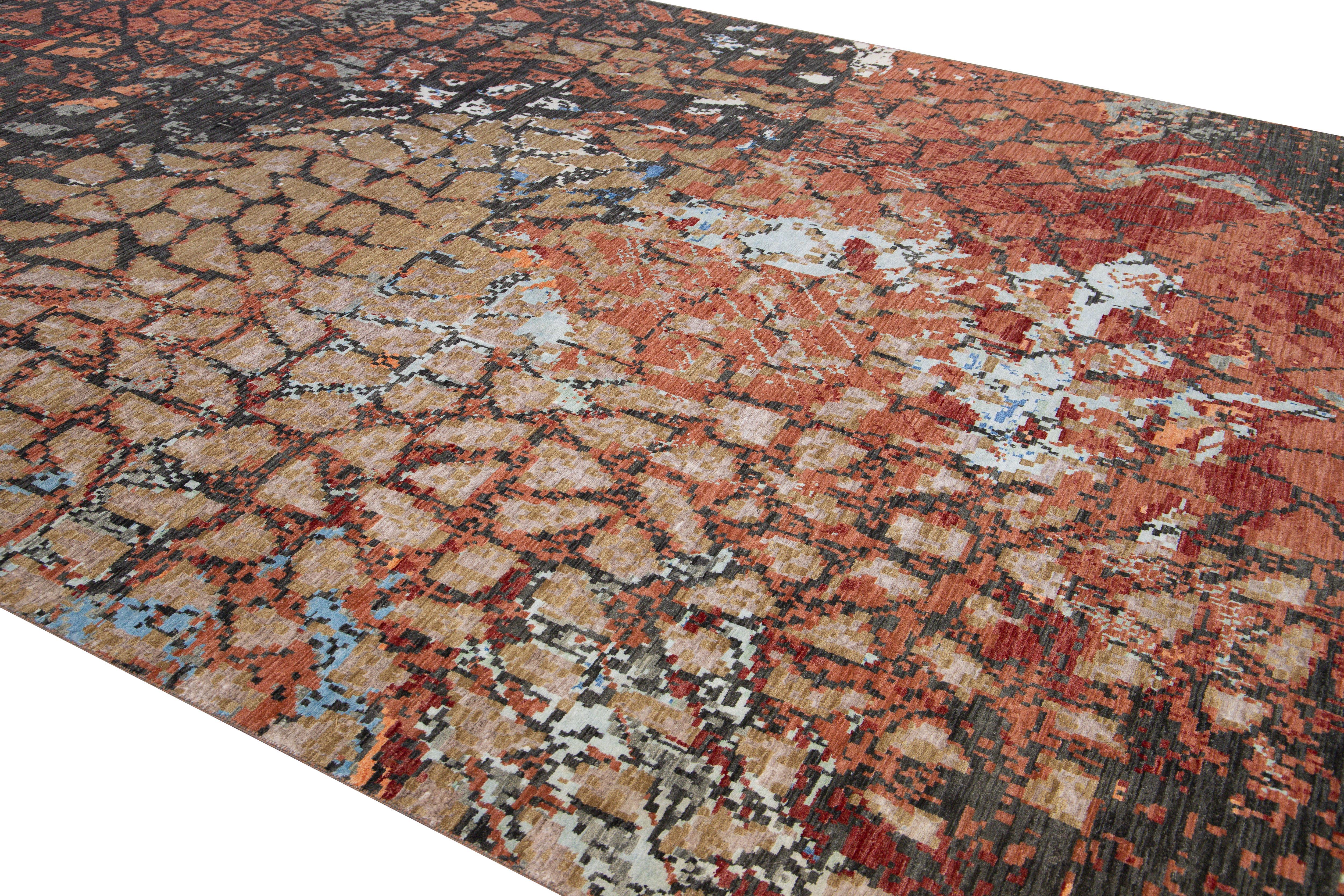 Moderner handgefertigter geometrischer abstrakter Teppich aus Wolle und Seide in Orange und Grau (Handgeknüpft) im Angebot