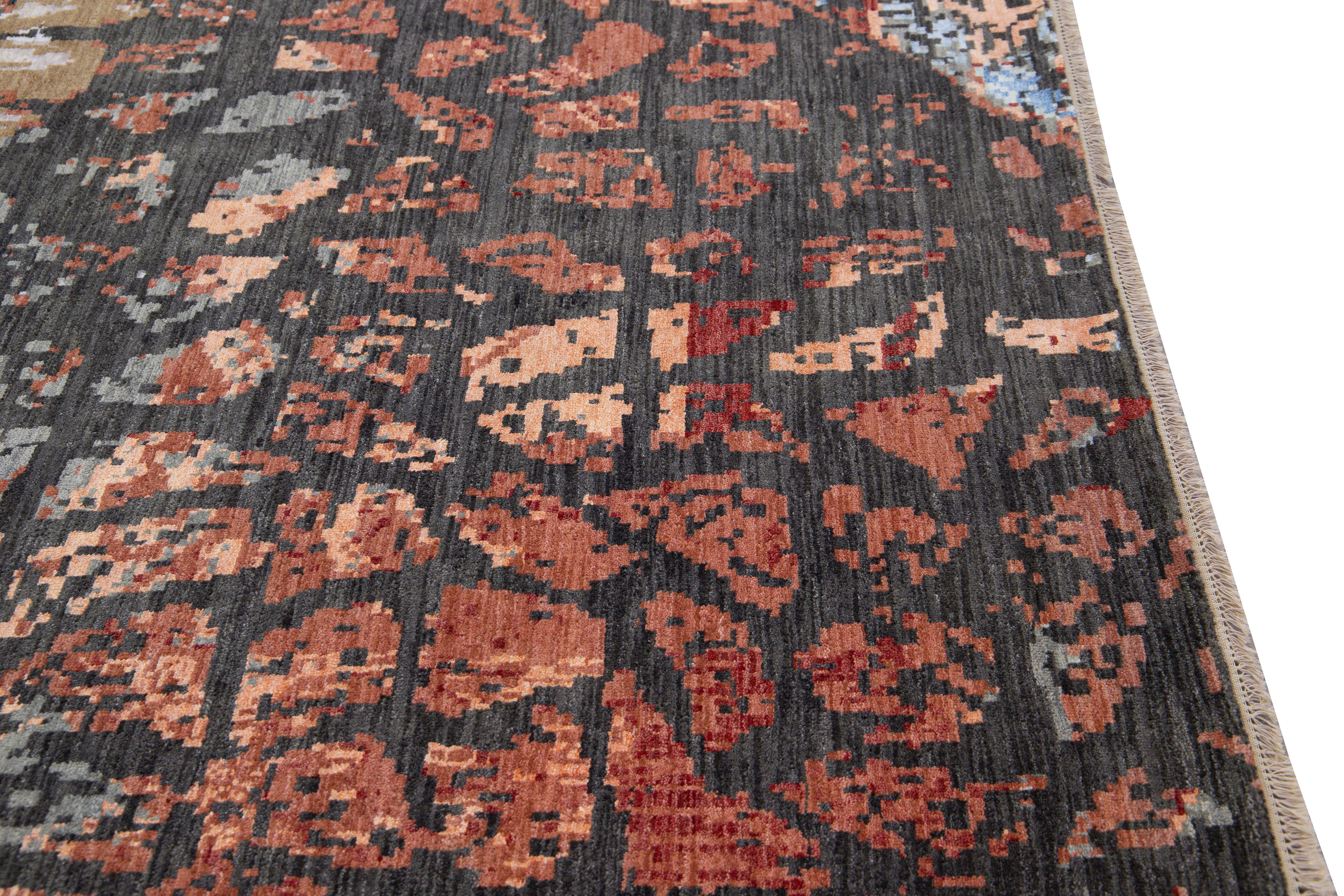 Modern Orange and Gray Handmade Geometric Abstract Wool and Silk Rug In New Condition For Sale In Norwalk, CT