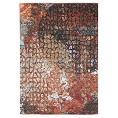 Tappeto moderno in lana e seta geometrica astratta arancione e grigia fatto a mano
