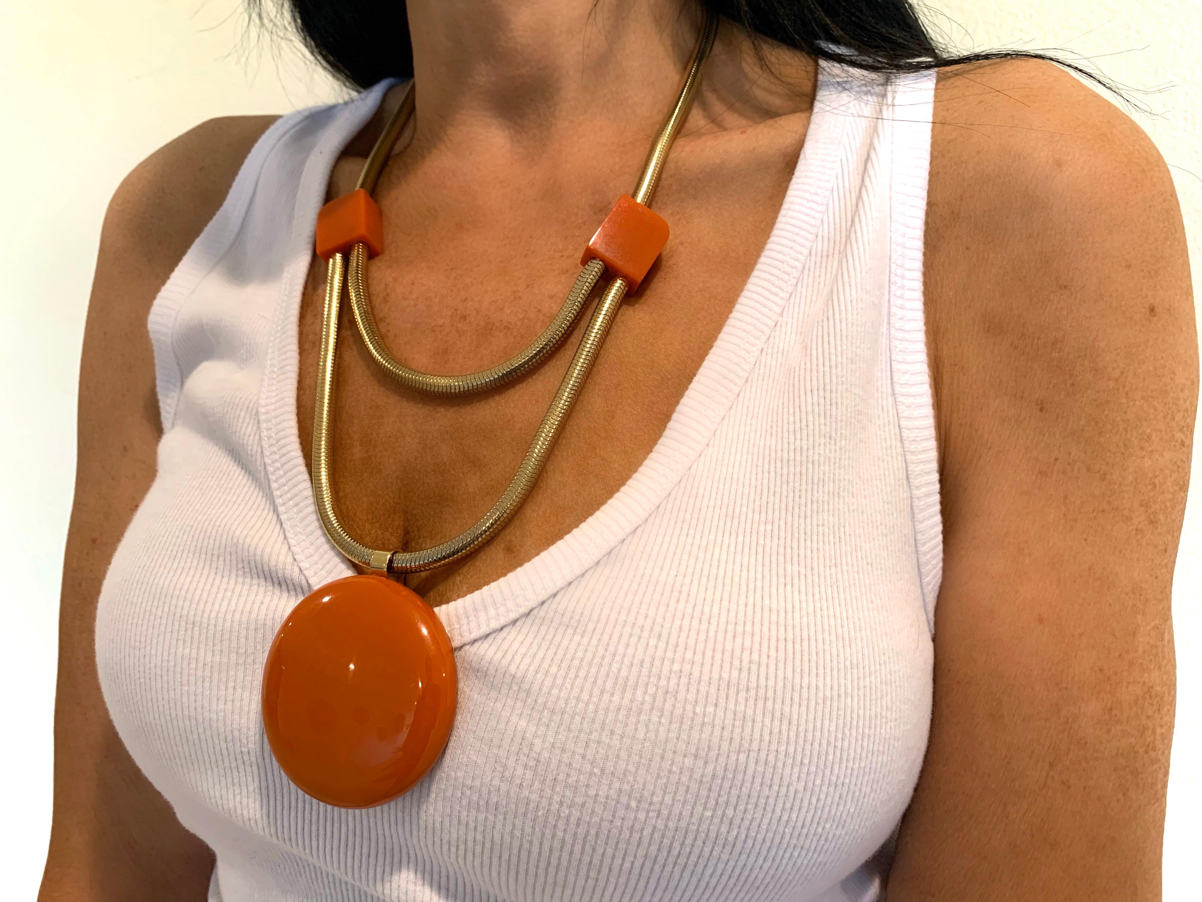 Modern Orange Bakelite Pendant Statement Necklace by Lanvin Paris 1