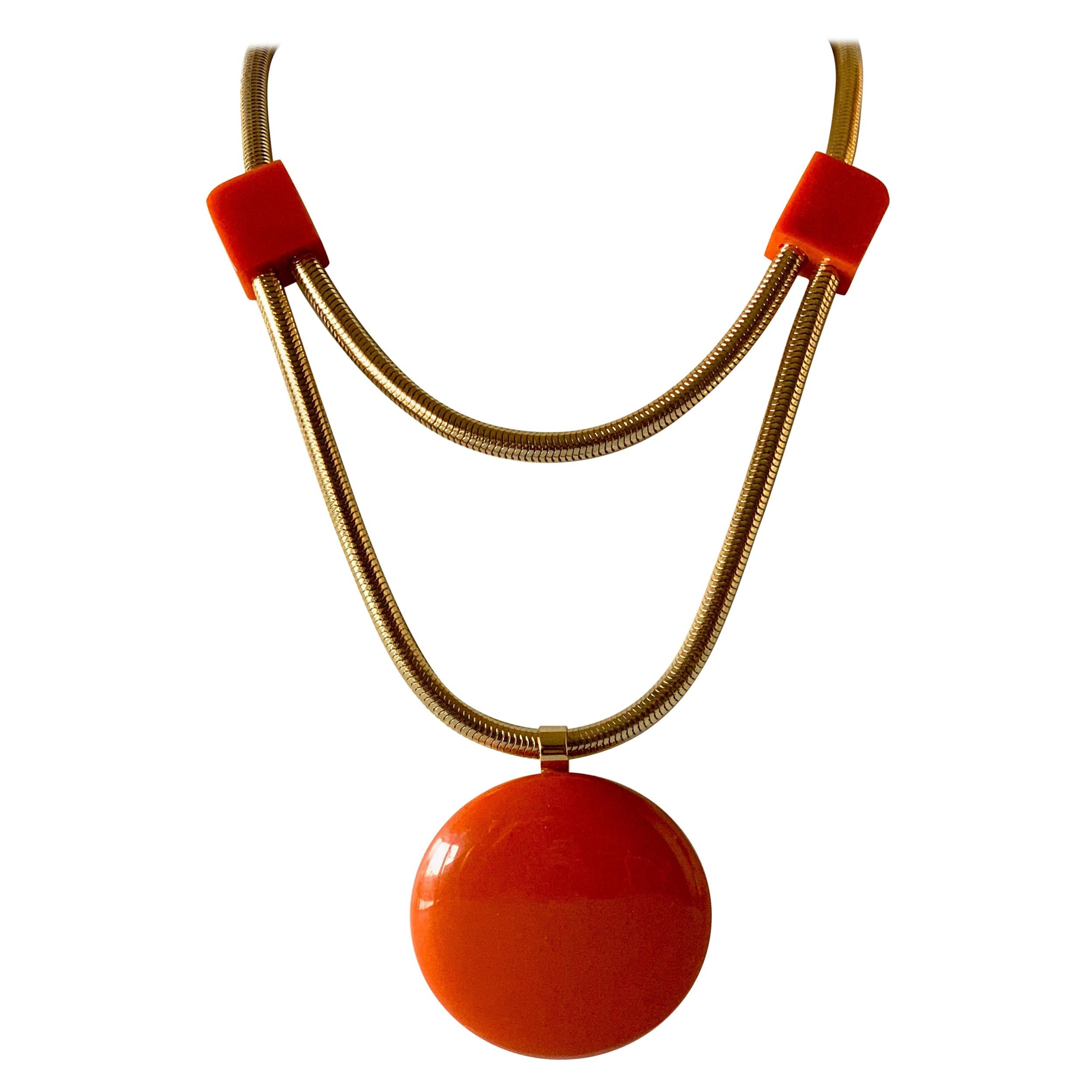 Modern Orange Bakelite Pendant Statement Necklace by Lanvin Paris