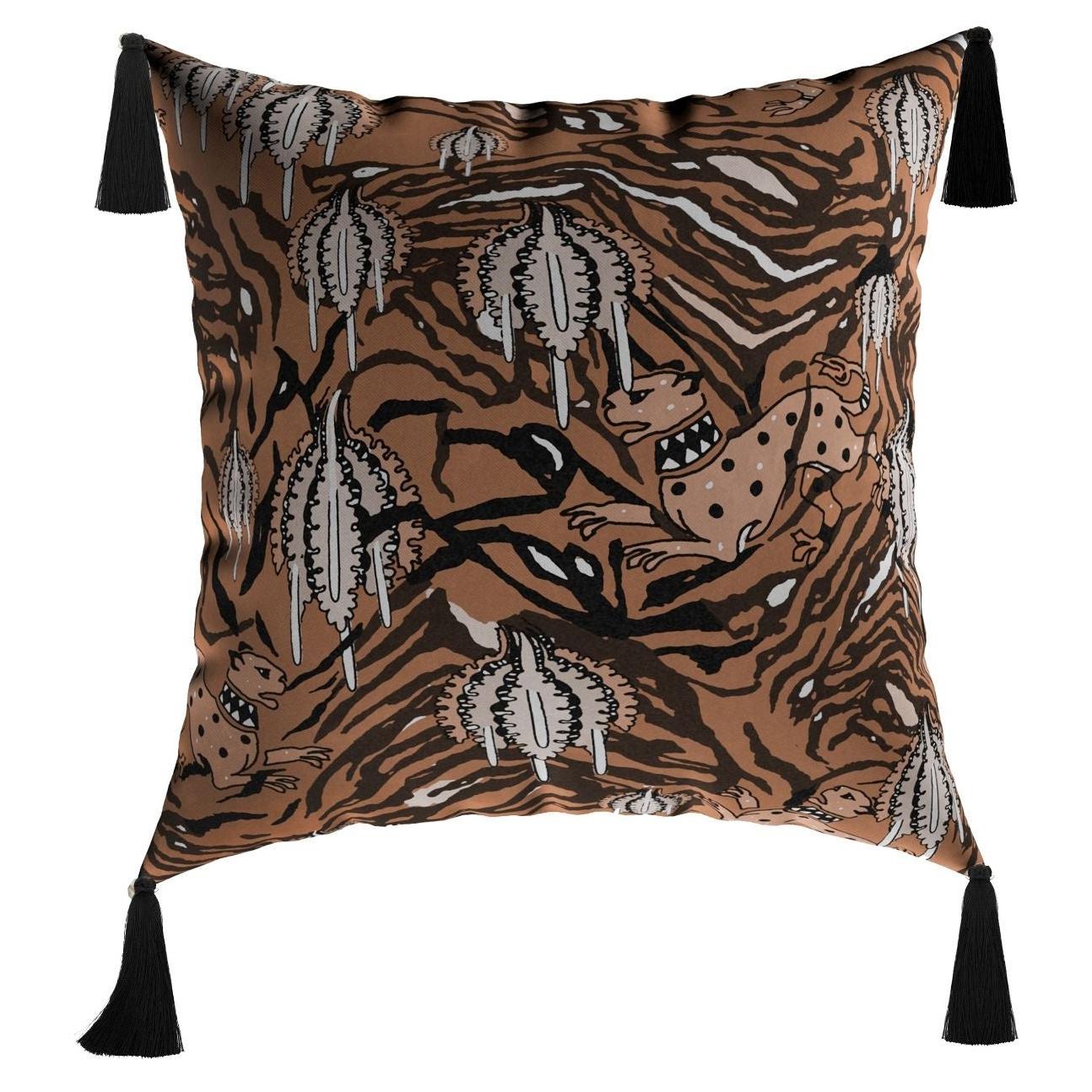 Modern Orange Cushion, Artistic Tiger Pattern Velvet Pillow Black Fringes Tassel