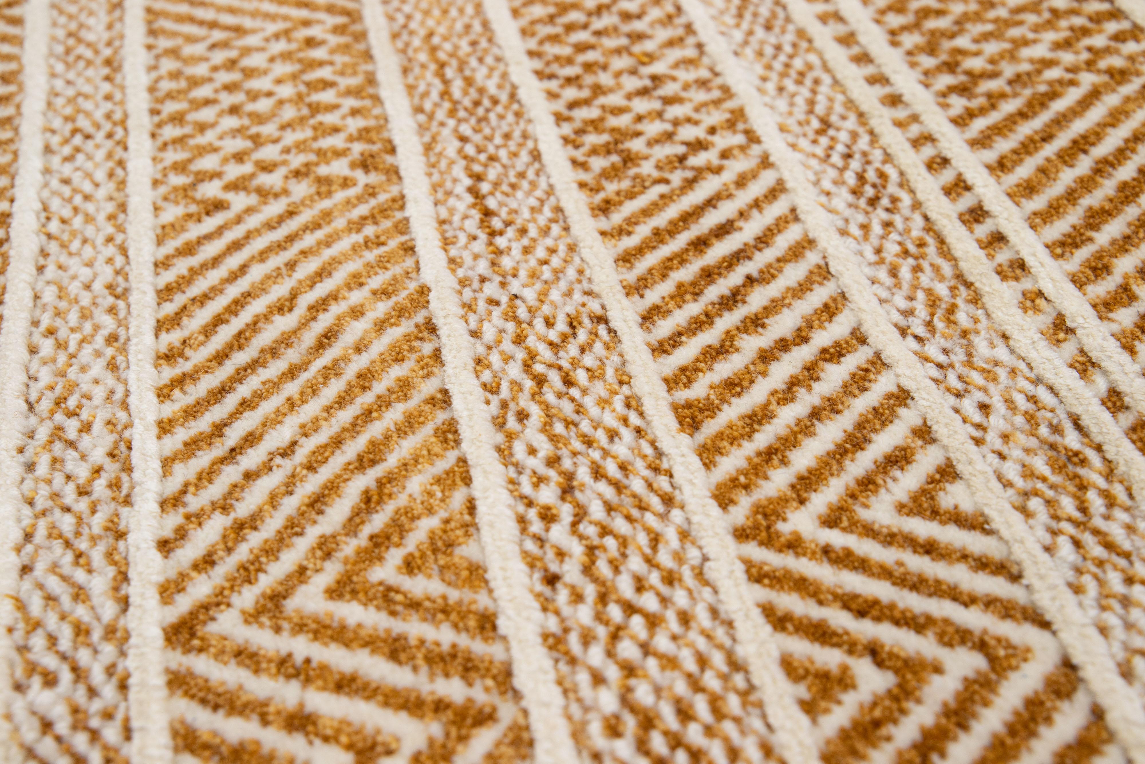 Apadana's Modern wool and silk custom rug. Custom sizes and colors made-to-order.

Material: 100 Knots, 90 Wool and 10 Silk.
Techniques: Hand-Knotted.
Style: Modern.
Lead time: Approx. 15-16 weeks available.
Colors: As shown, other custom colors are
