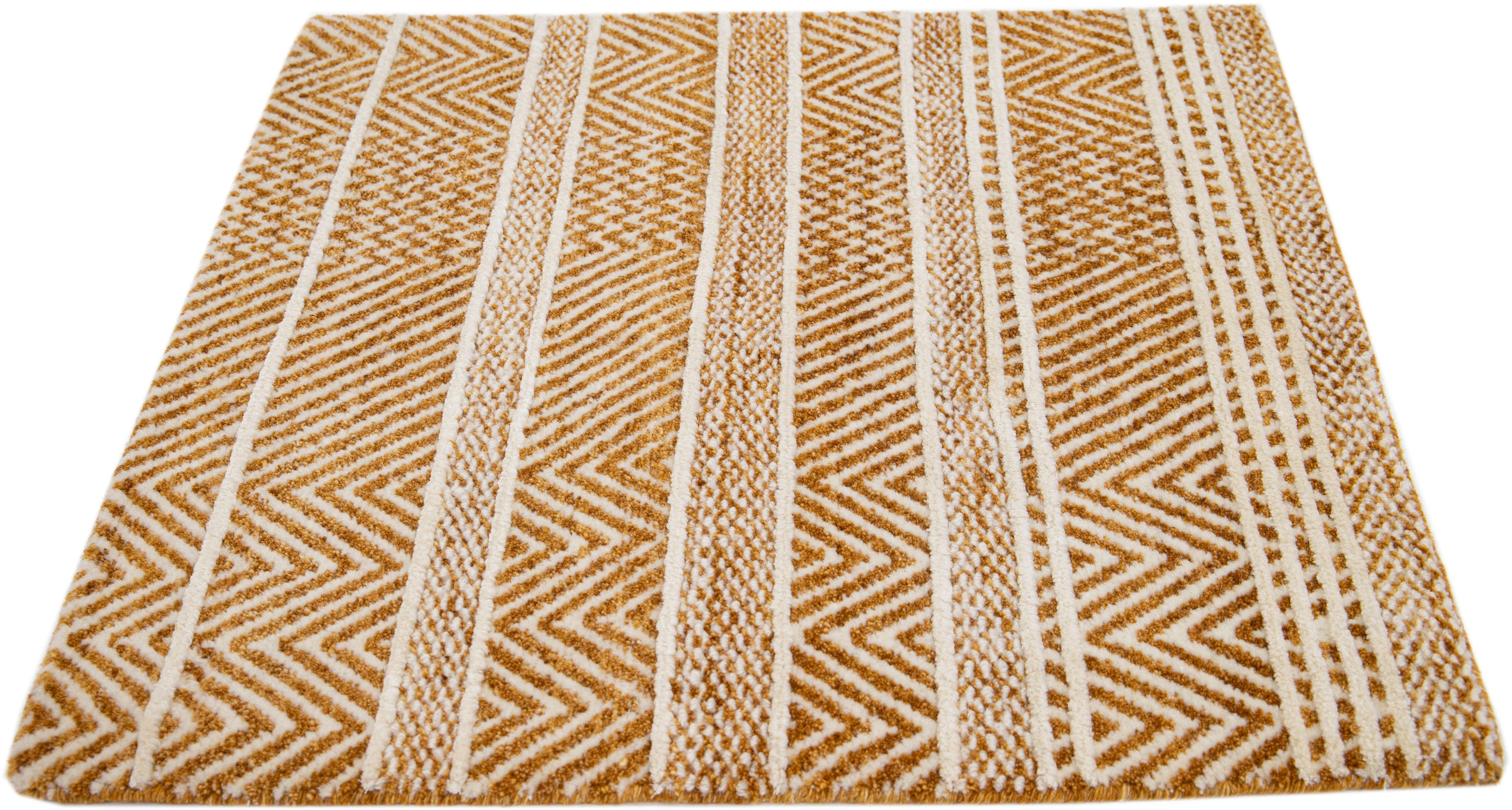 Nepalese Modern Orange Handmade Geometric Custom Wool Rug For Sale