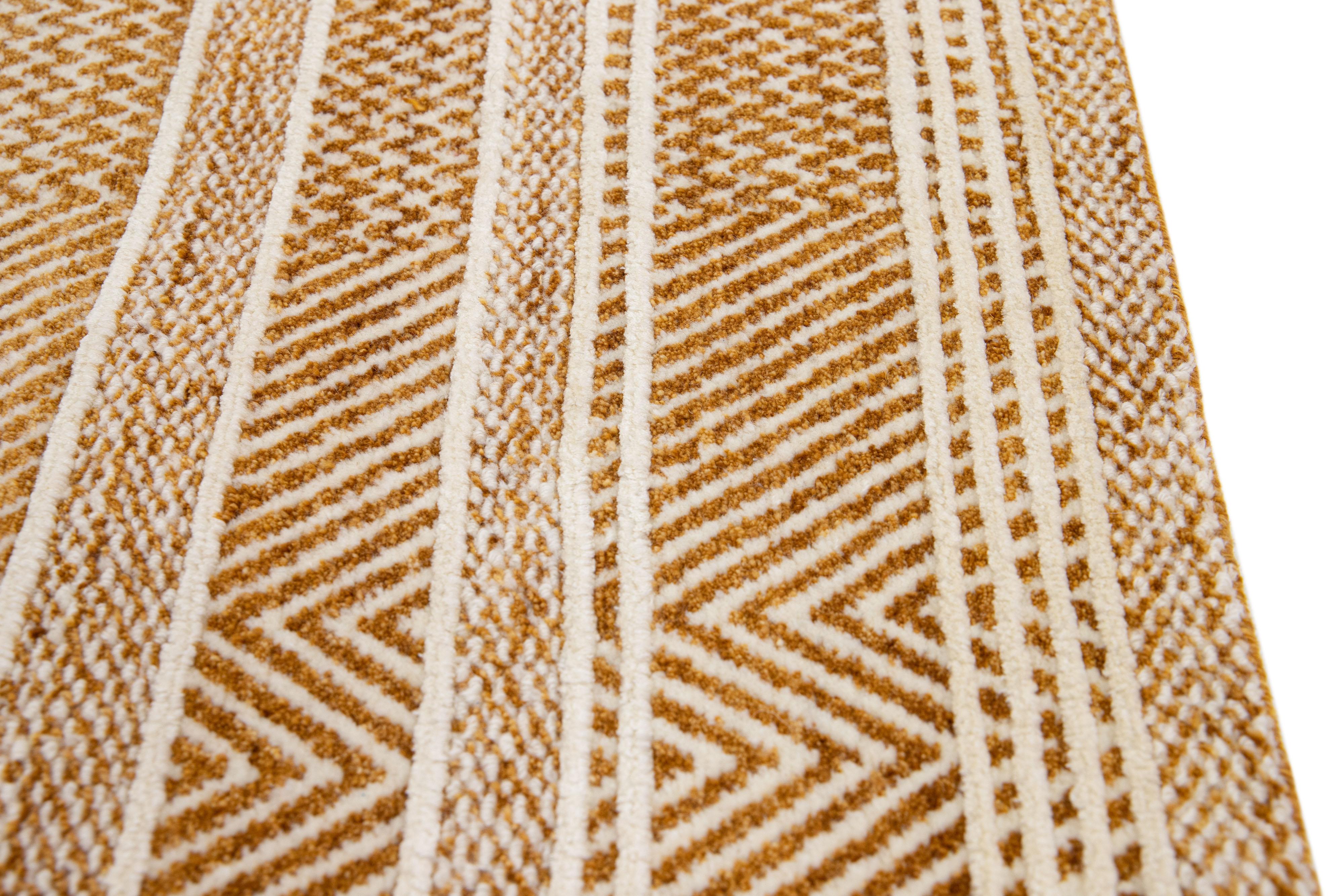 Hand-Knotted Modern Orange Handmade Geometric Custom Wool Rug For Sale