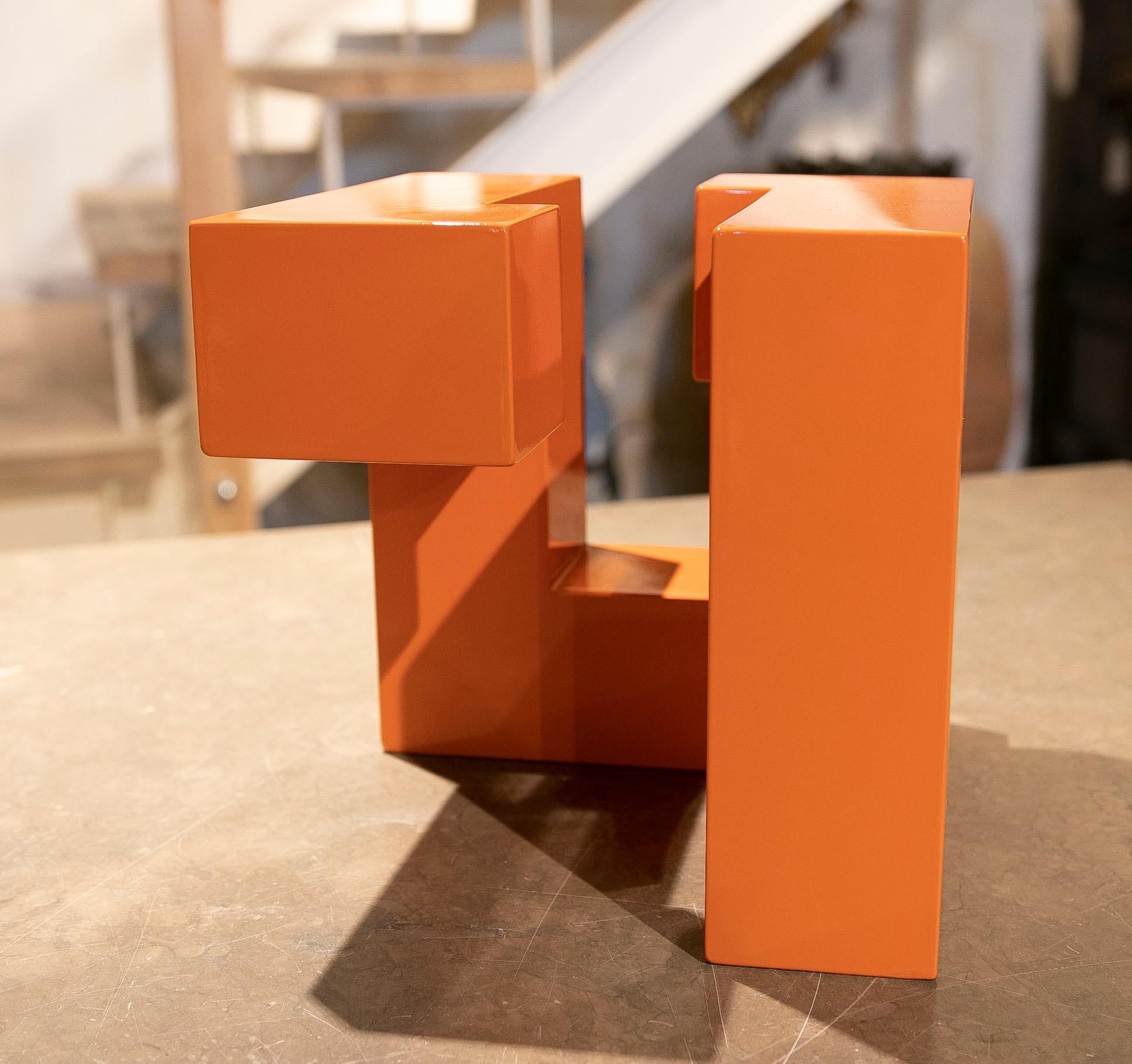 Modern Orange Lacquered Wood Sculpture with Intertwined Straight Forms For Sale 6