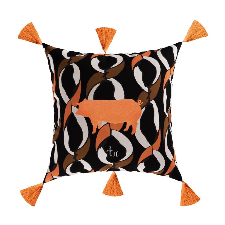 Modern Orange Pig Cushion, Printed Pattern Velvet Pillow Orange Fringes Tassels For Sale