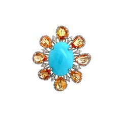 Modern Orange Sapphire Diamond, Turquoise 18kt White Gold Ring