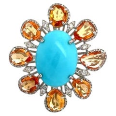 Modern Orange Sapphire Diamond, Turquoise 18kt White Gold Ring
