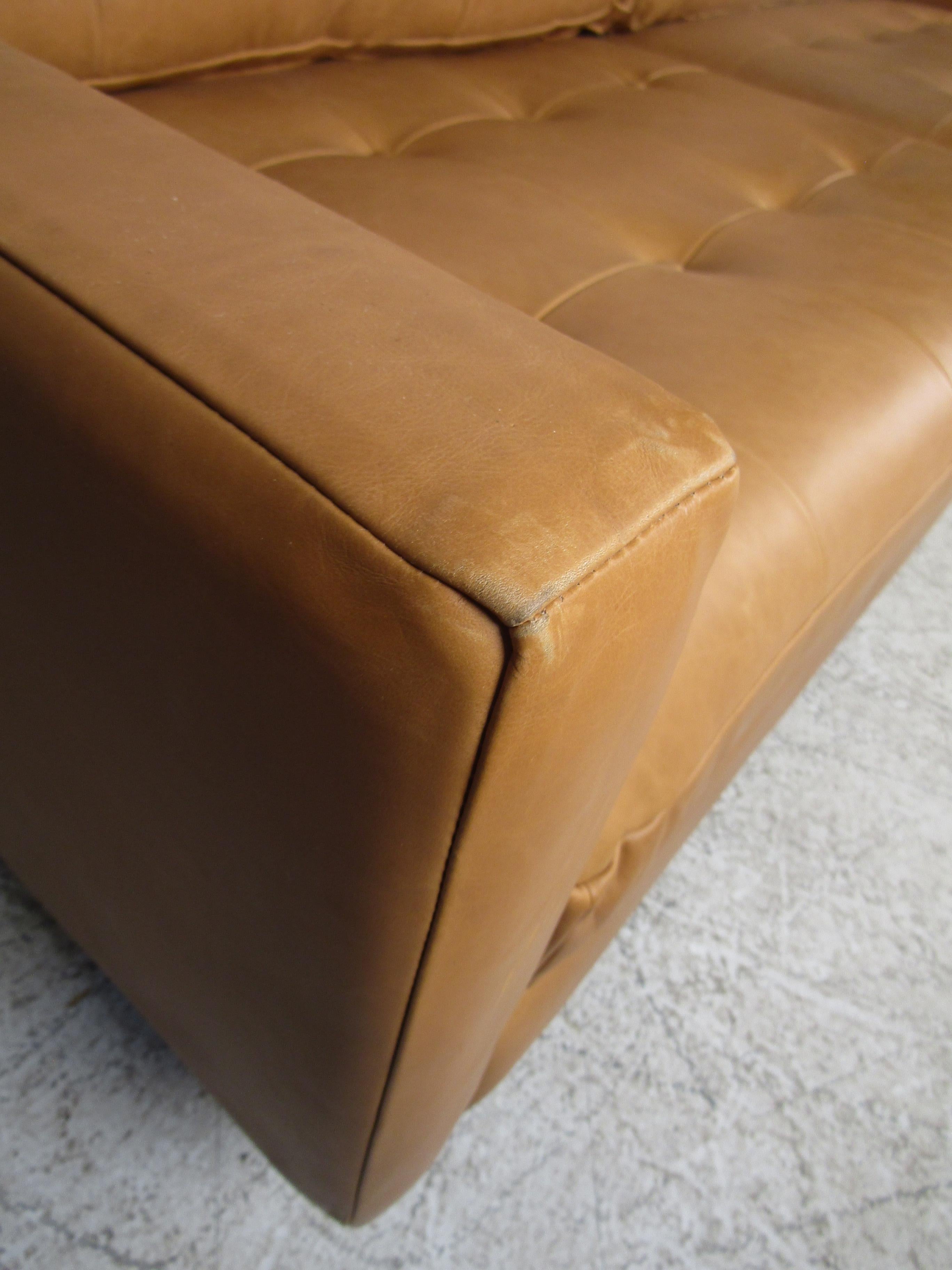 Modern Orange Tufted Leather Sofa In Good Condition In Brooklyn, NY