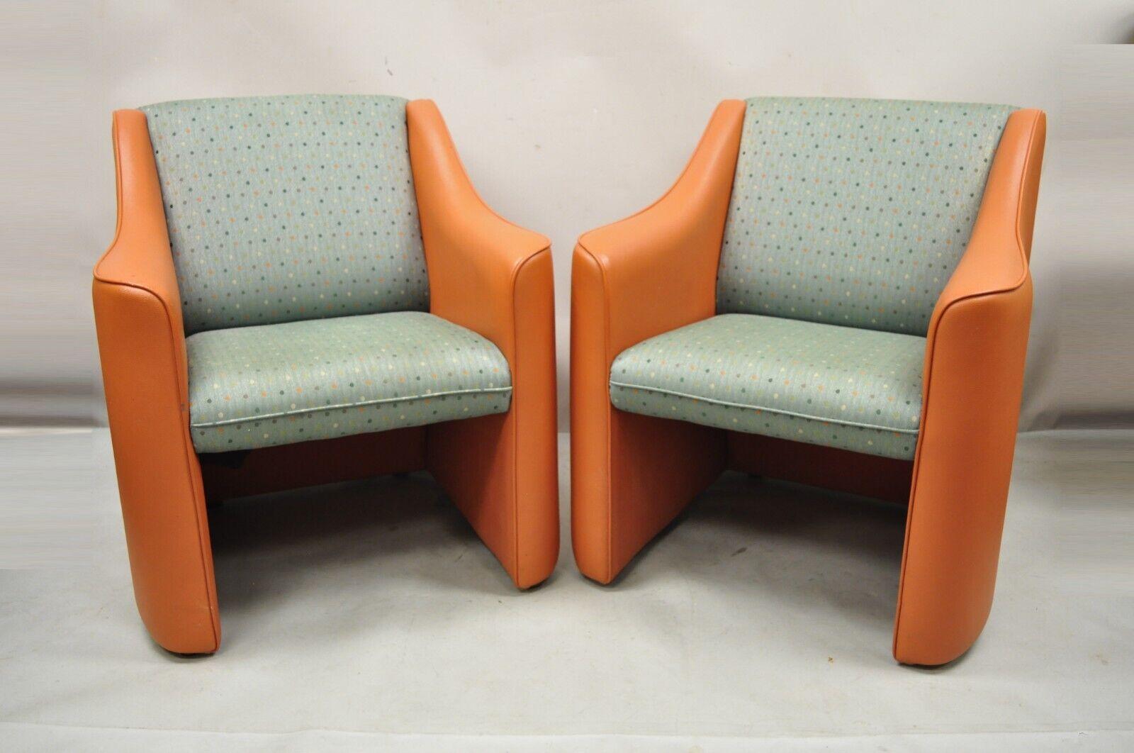 Modern Orange Upholstered Green Polka Dot Club Lounge Chairs - a Pair. Item features burnt orange vinyl wrapped frames, green upholstered back and seats with polka dots, solid wood frames, very nice vintage pair, clean modernist lines, quality
