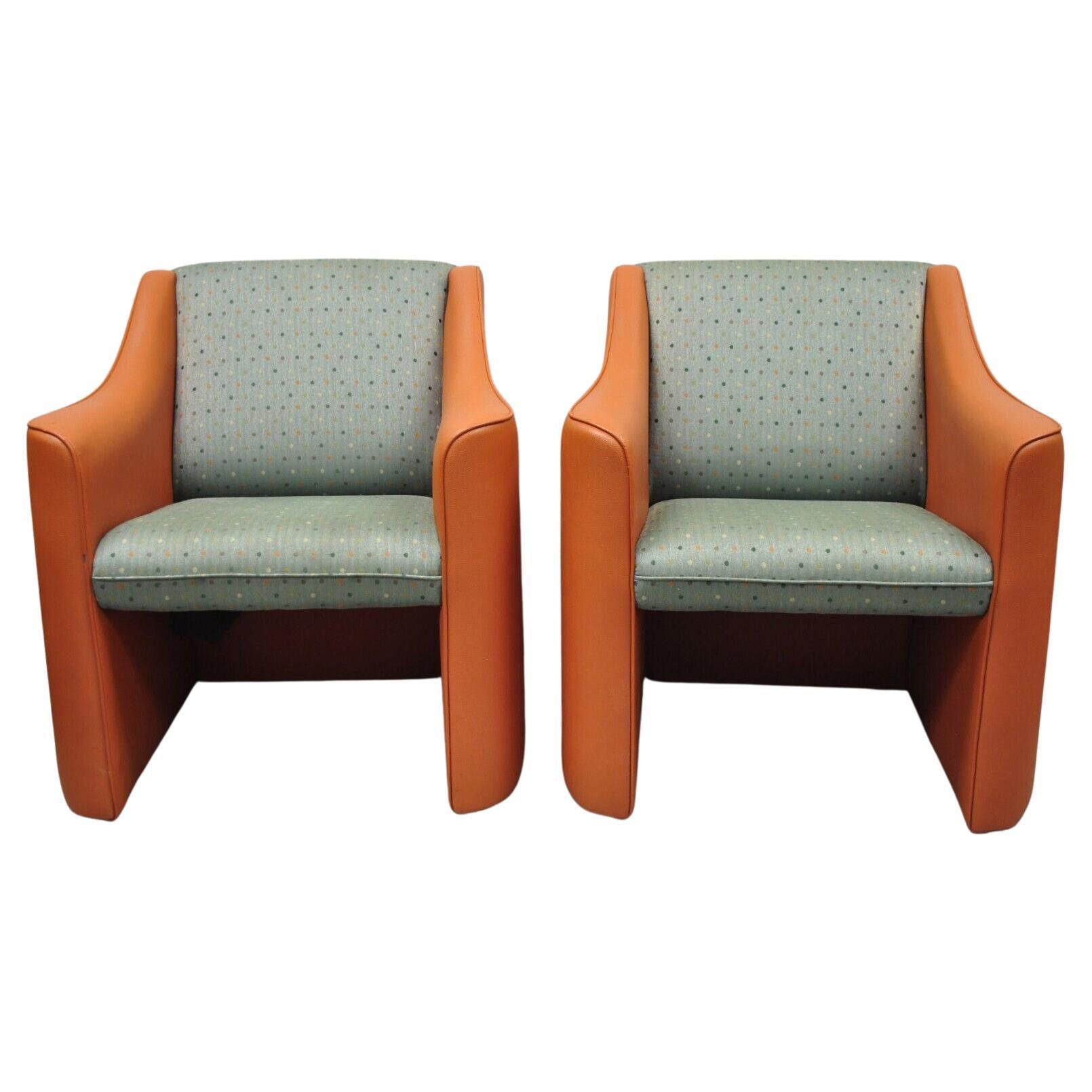 Modern Orange Upholstered Green Polka Dot Club Lounge Chairs - a Pair For Sale