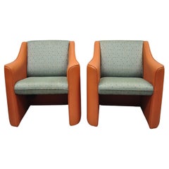 Vintage Modern Orange Upholstered Green Polka Dot Club Lounge Chairs - a Pair
