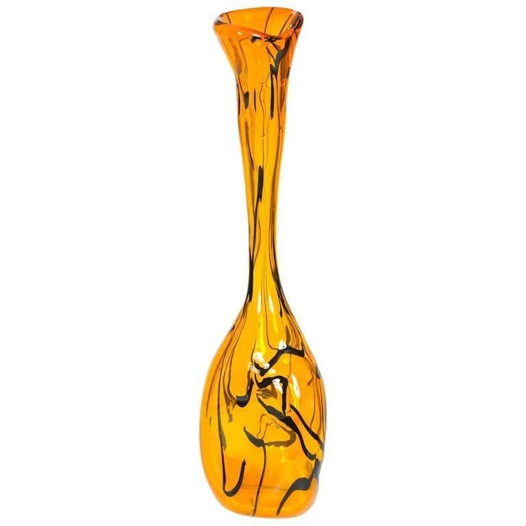 Modern Orange Vase in Blown Murano Glass with Black Stripes, 1990s Italy In Excellent Condition For Sale In Villaverla, IT