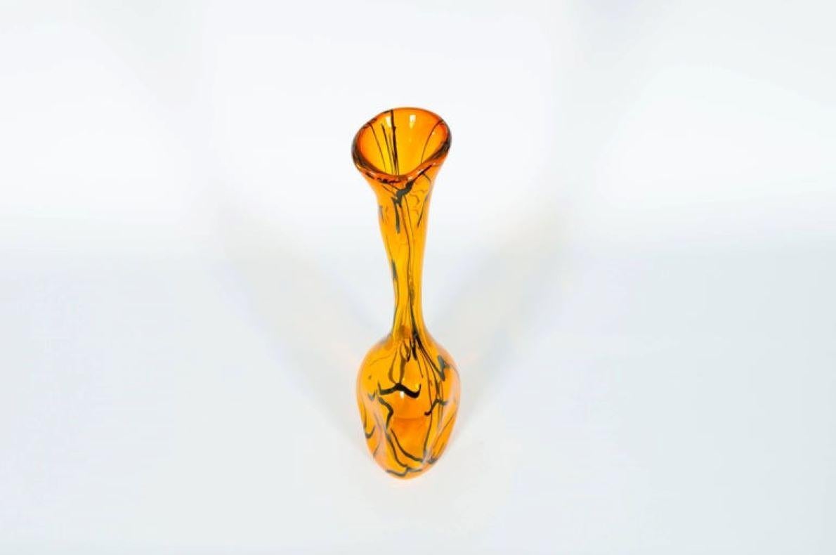 Late 20th Century Modern Orange Vase in Blown Murano Glass with Black Stripes, 1990s Italy For Sale
