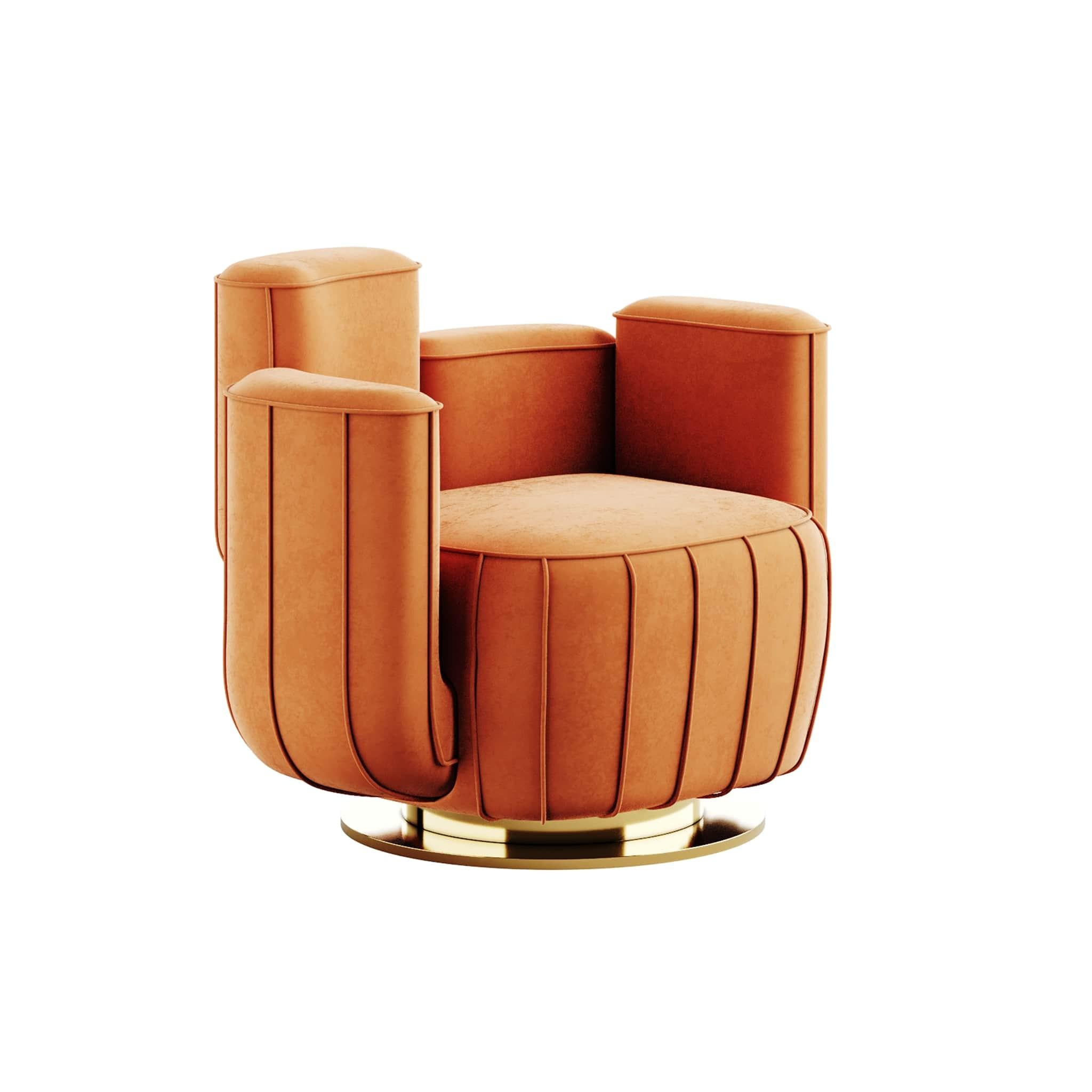Modern Orange Velvet Armchair Cactus Shape with Gold Swivel Base Polished Brass

Ajui Armchair Terra is a luxury armchair that features an artsy interpretation of a cactus and a swivel base. It is upholstered in velvet with structure and base in