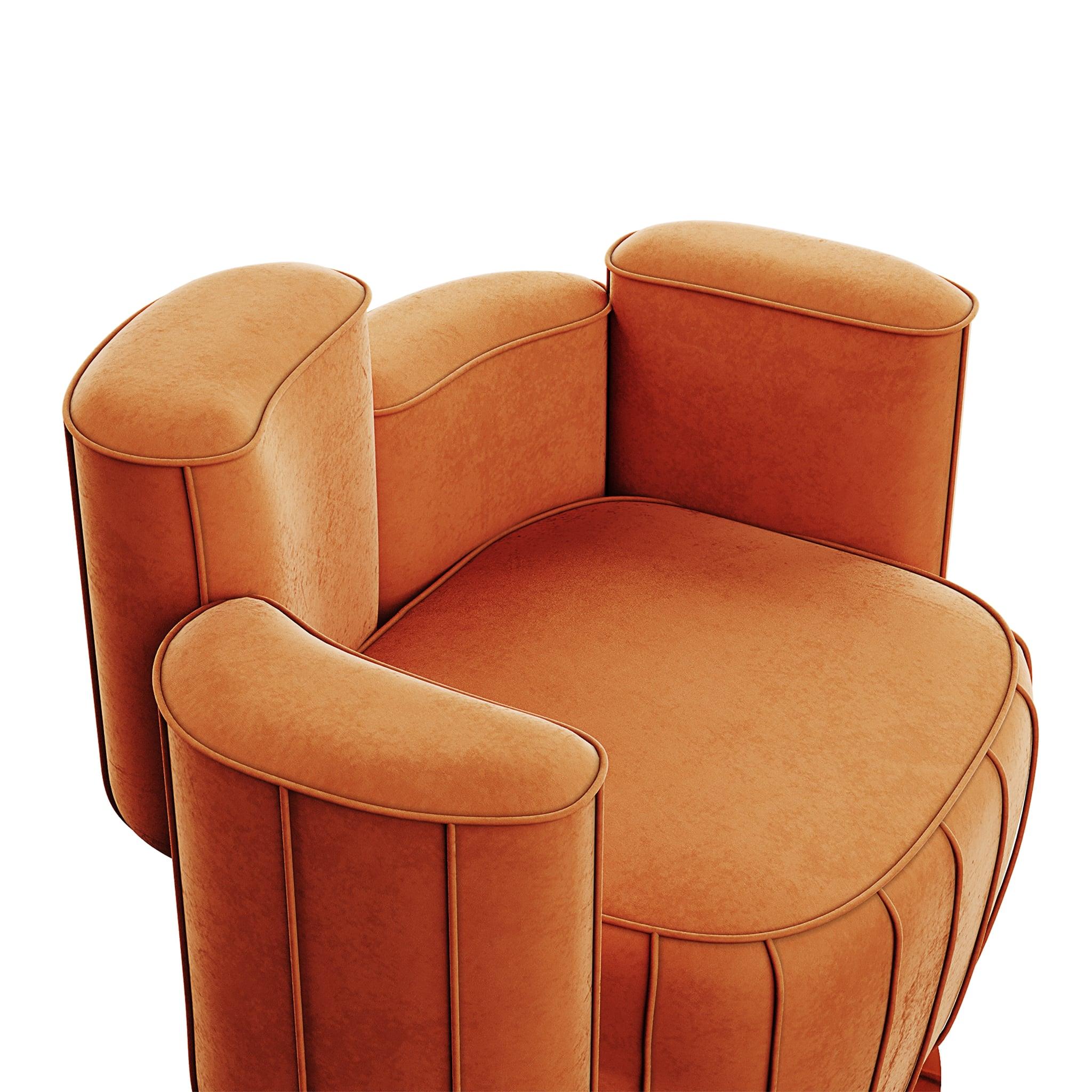 Modern Orange Velvet Armchair Cactus Shape with Gold Swivel Base Polished Brass In New Condition For Sale In Porto, PT