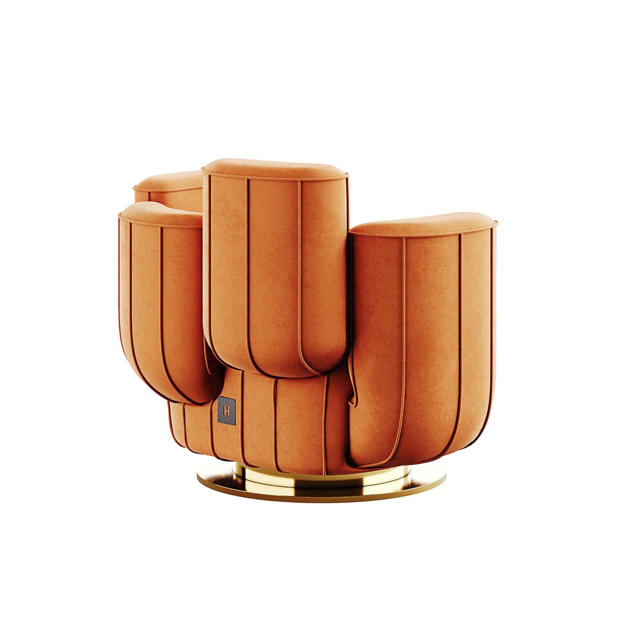 Contemporary Modern Orange Velvet Armchair Cactus Shape with Gold Swivel Base Polished Brass For Sale