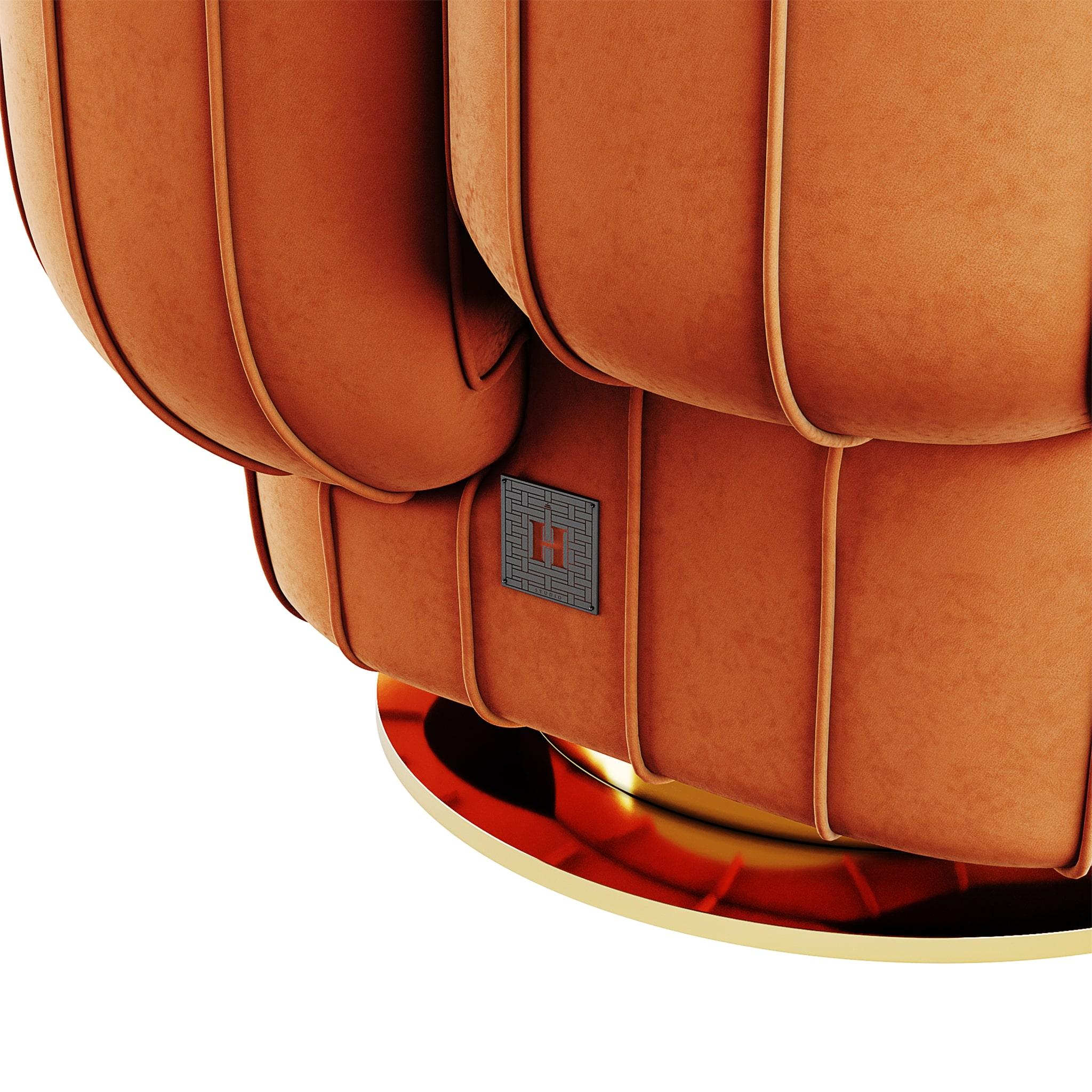 Modern Orange Velvet Armchair Cactus Shape with Gold Swivel Base Polished Brass For Sale 2