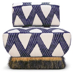 Modern Organic Blue Linen, Raffia, bronzed steel Lounge Chair by Egg Designs