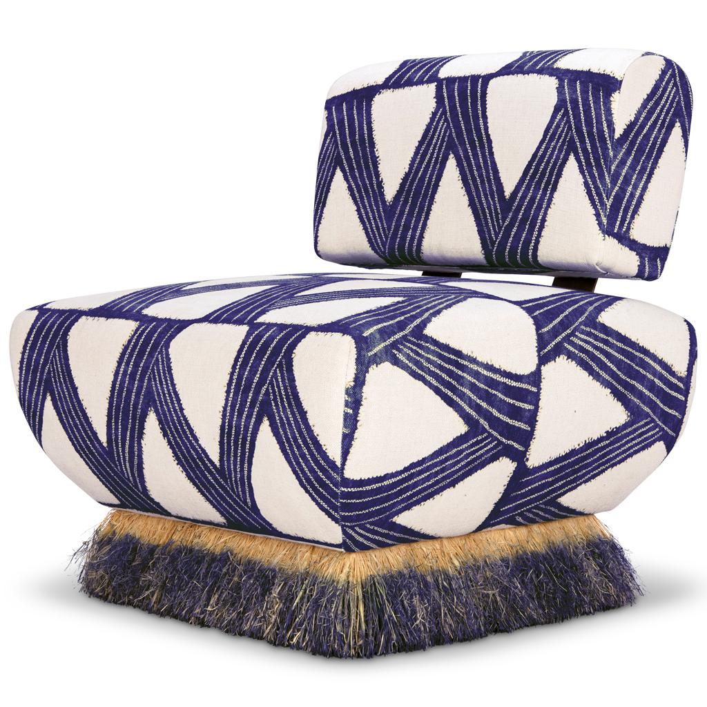 Chaise longue moderne en lin bleu organique, raphia et acier bronzé par Egg Designs Neuf - En vente à Bothas Hill, KZN