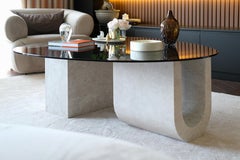 Modern Organic Coffee Table in Travertine and Smoked Glass – Collector’s Piece