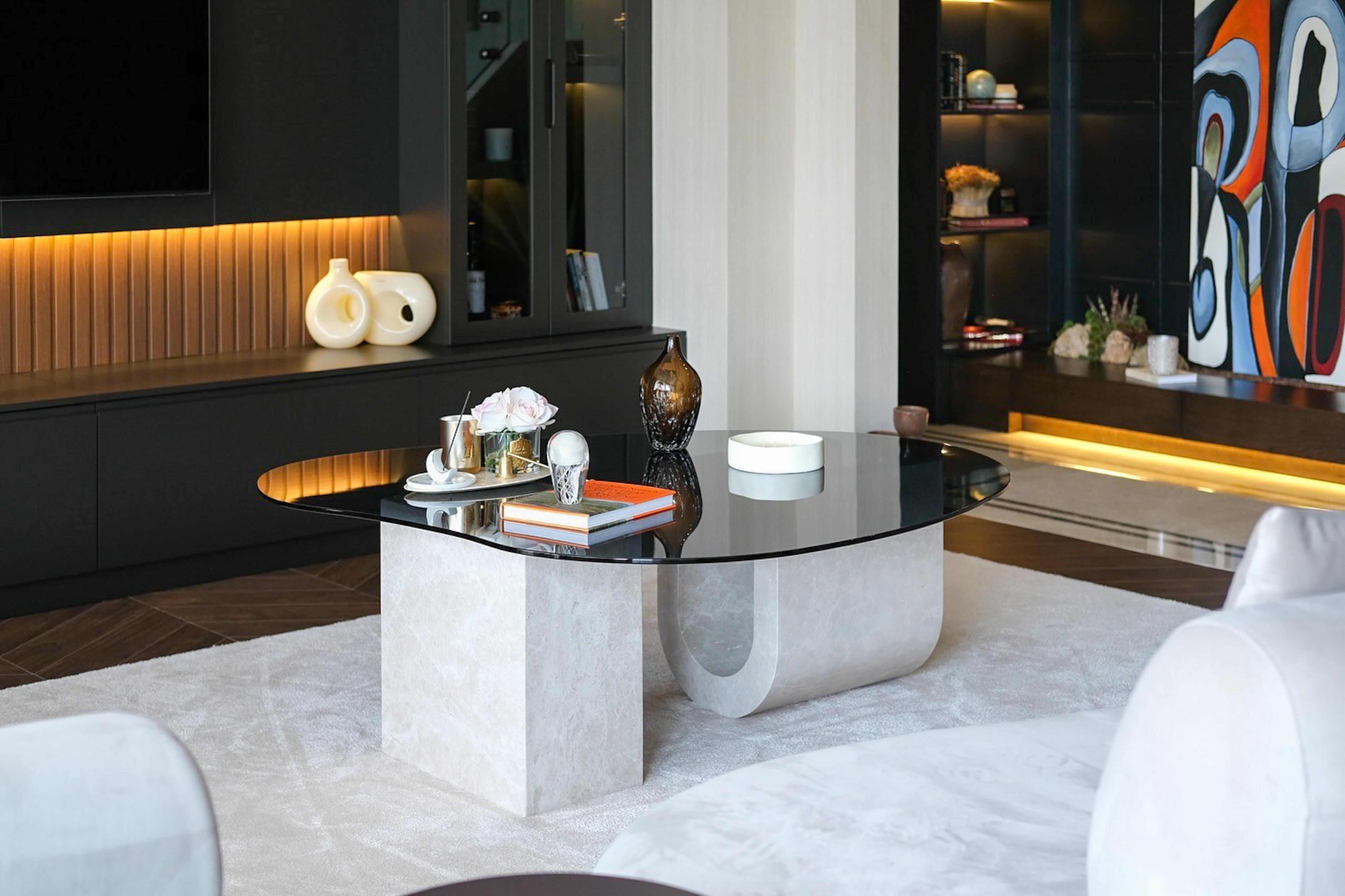 Arts and Crafts Modern Organic Coffee Table in Travertine and Smoked Glass – Collector’s Piece For Sale