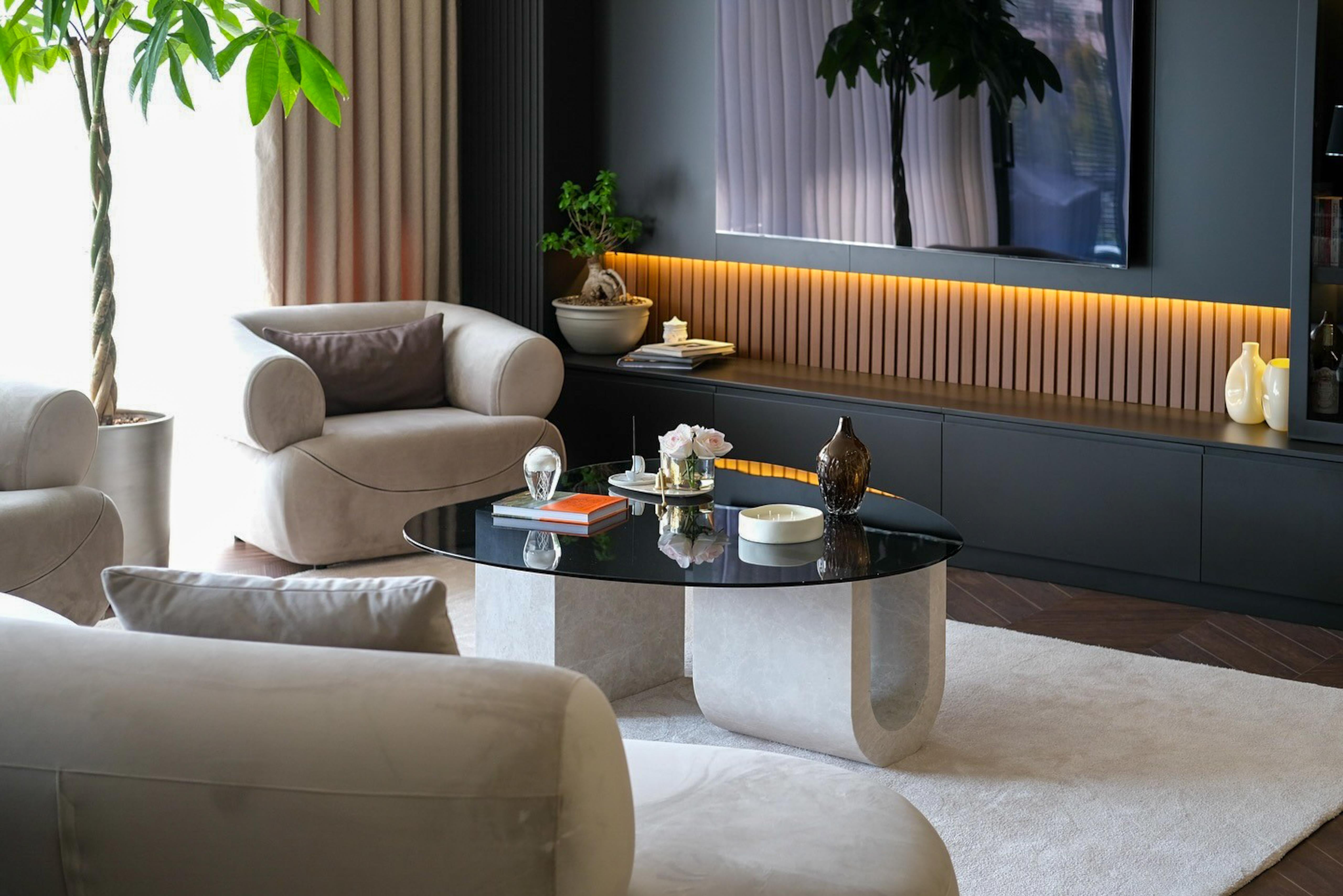 Turkish Modern Organic Coffee Table in Travertine and Smoked Glass – Collector’s Piece For Sale