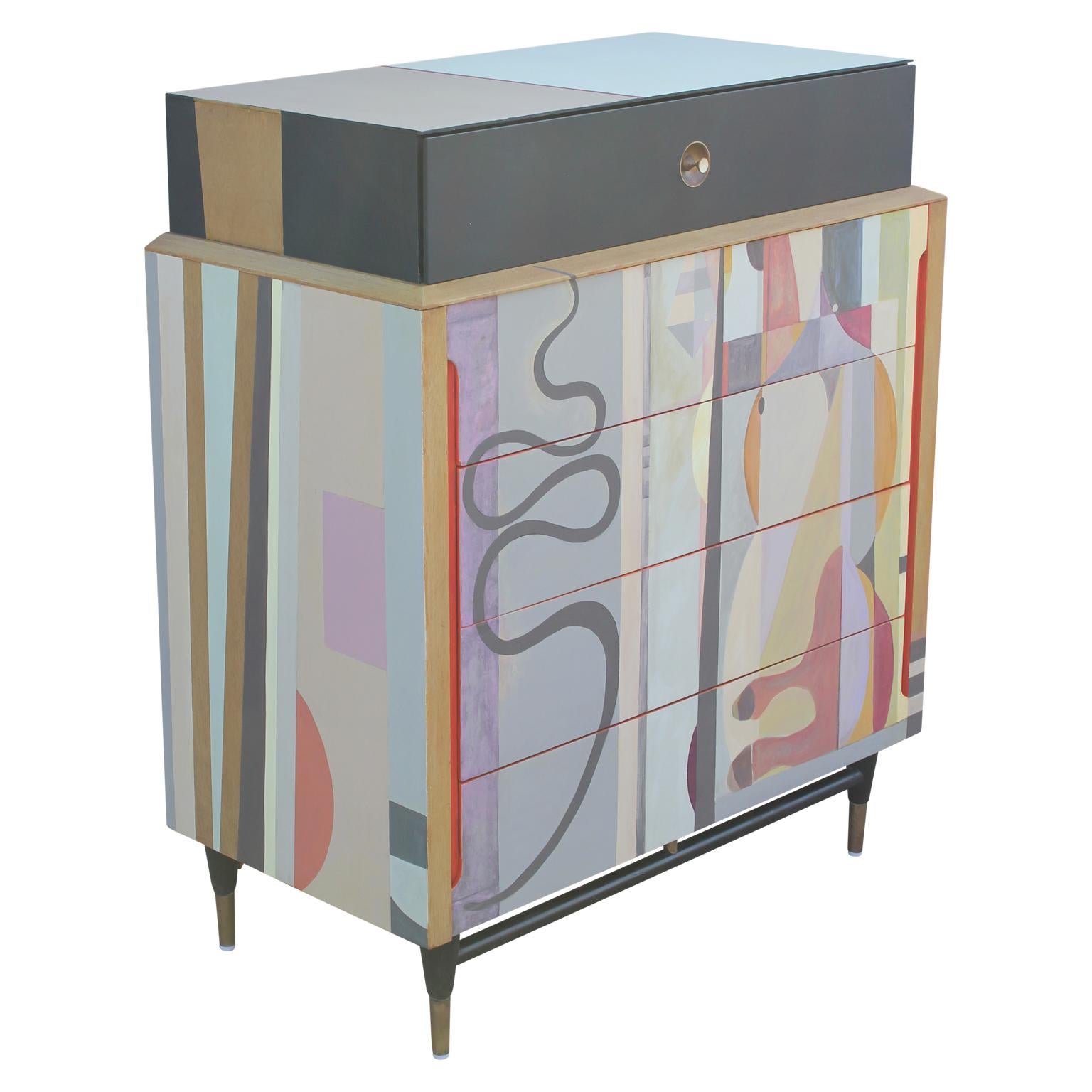 A beautiful modern chest painted in a colorful custom abstract design. This whimsical design will brighten up any room.