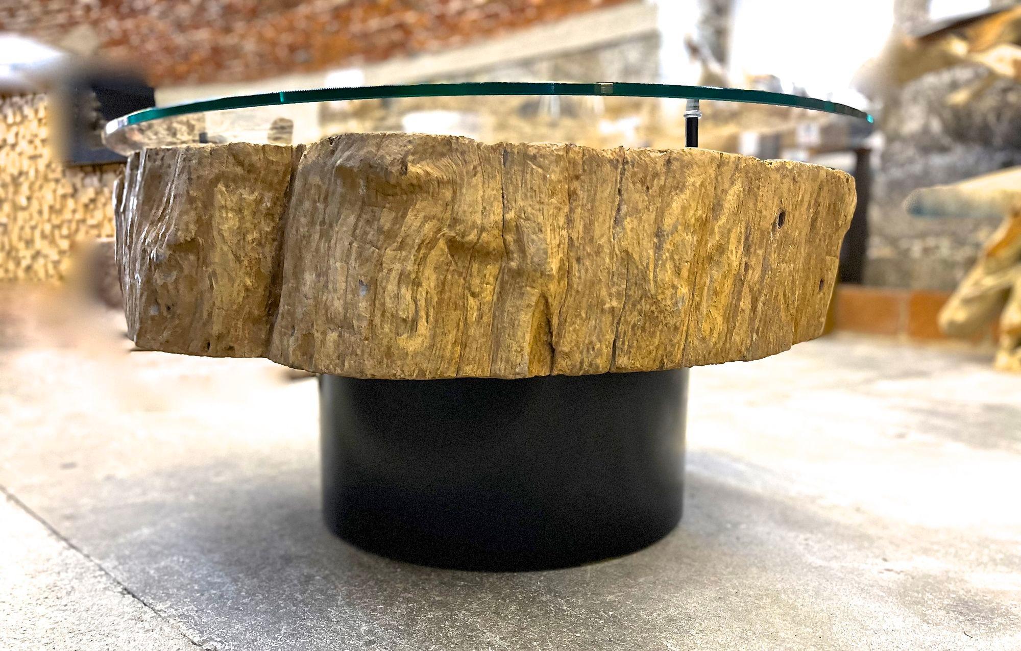 Organique Table basse moderne en bois flotté organique avec plateau en verre sur base en acier noir en vente