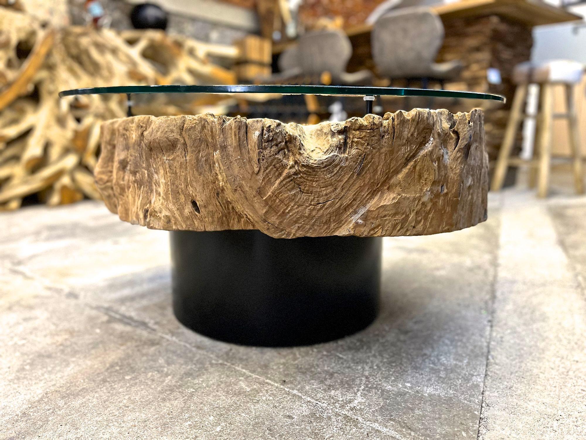 Modern Organic Driftwood Sofa/ Coffee Table With Glass Top On Black Steel Base In New Condition For Sale In Lichtenberg, AT