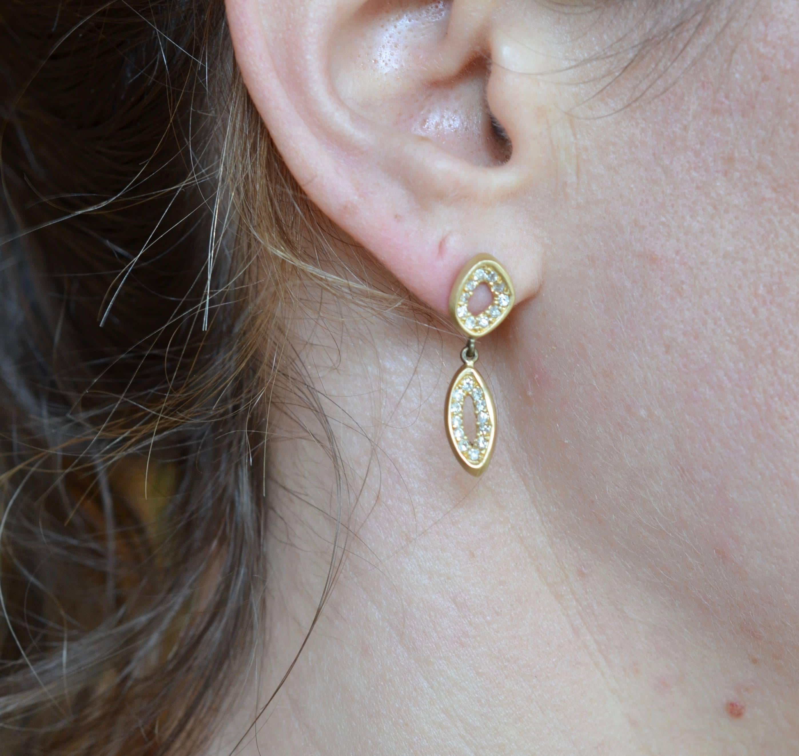 Women's or Men's Diamond Earrings Drop 18K Yellow Gold Modern Organic For Sale