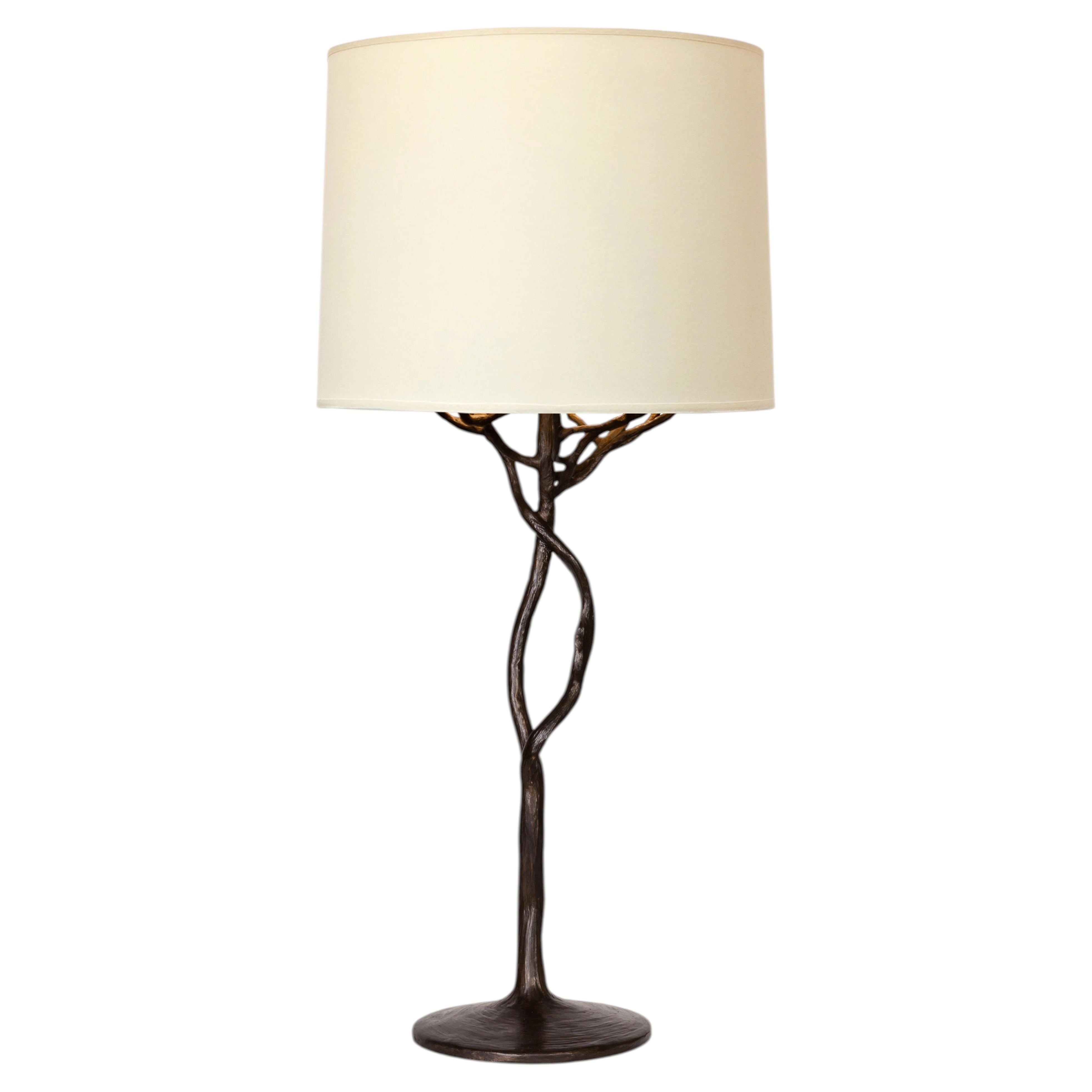 Modern Organic Etna Table Lamp by Benediko, Bronze Plaster, Silk Ecru Lampshade