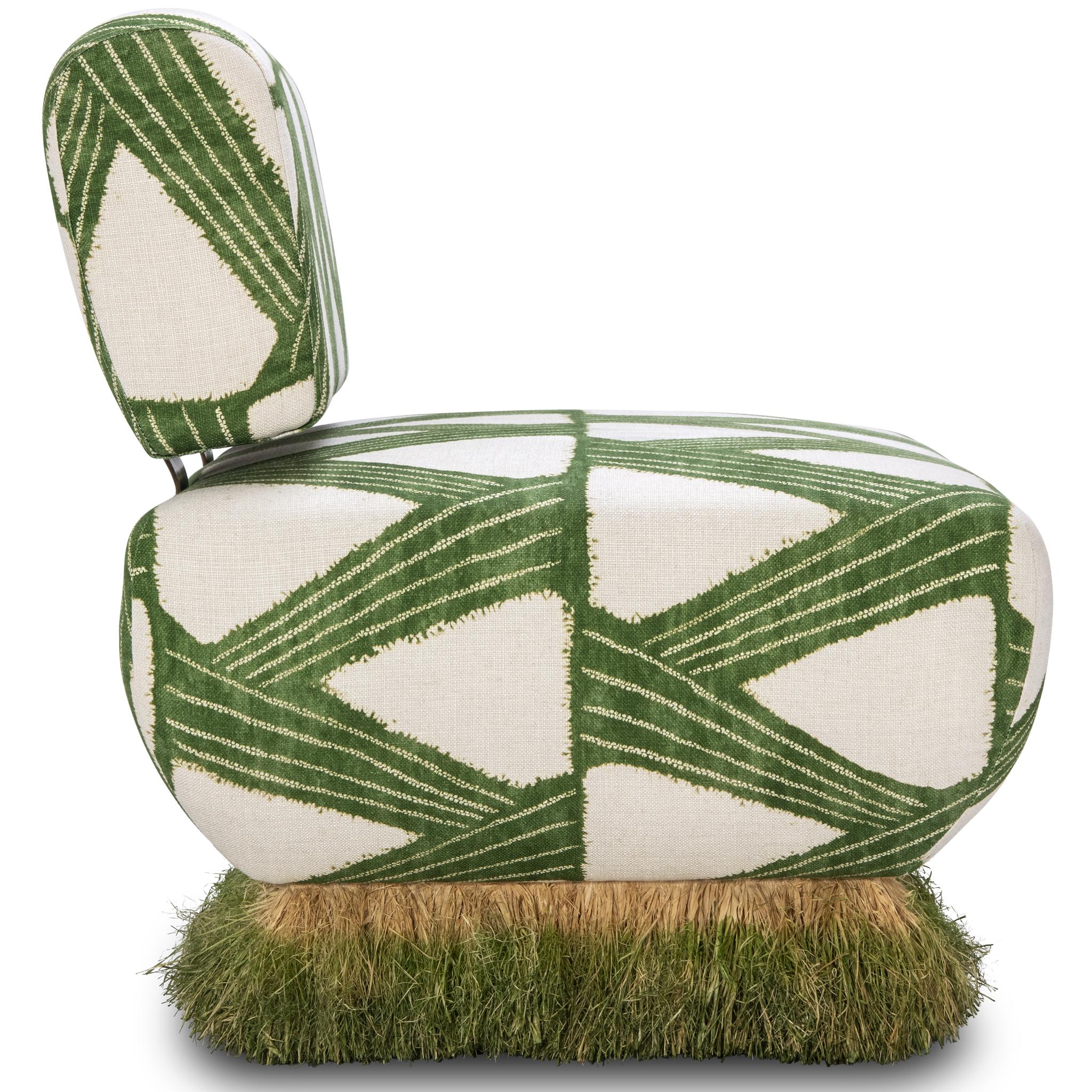 Moderne Chaise longue moderne en lin vert organique, raphia et acier bronzé par Egg Designs en vente