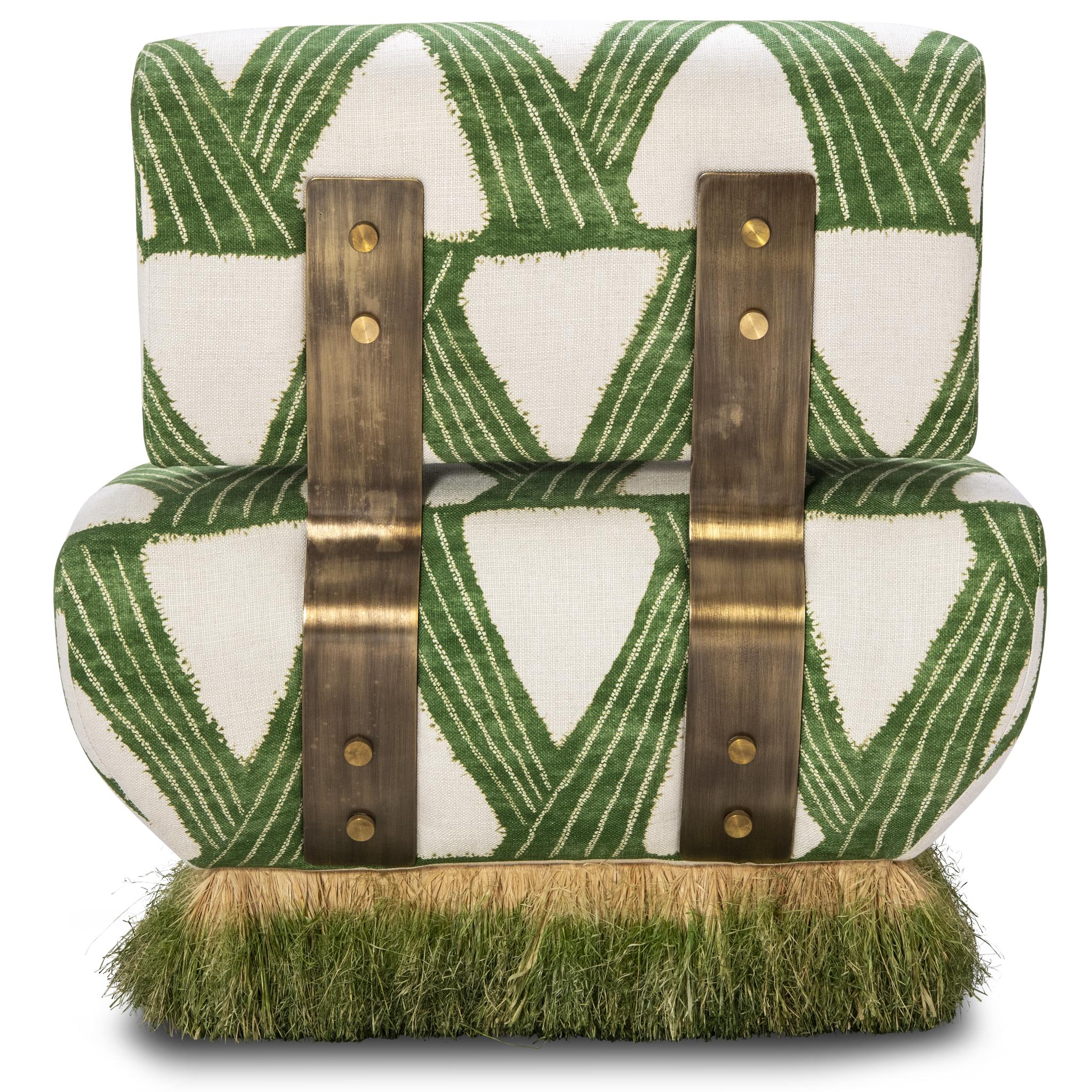 Effet bronze Chaise longue moderne en lin vert organique, raphia et acier bronzé par Egg Designs en vente