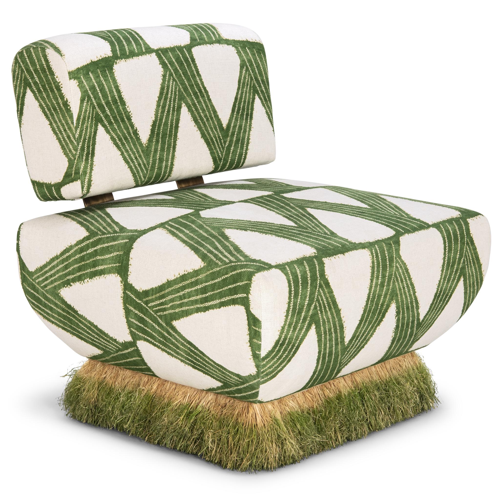 XXIe siècle et contemporain Chaise longue moderne en lin vert organique, raphia et acier bronzé par Egg Designs en vente