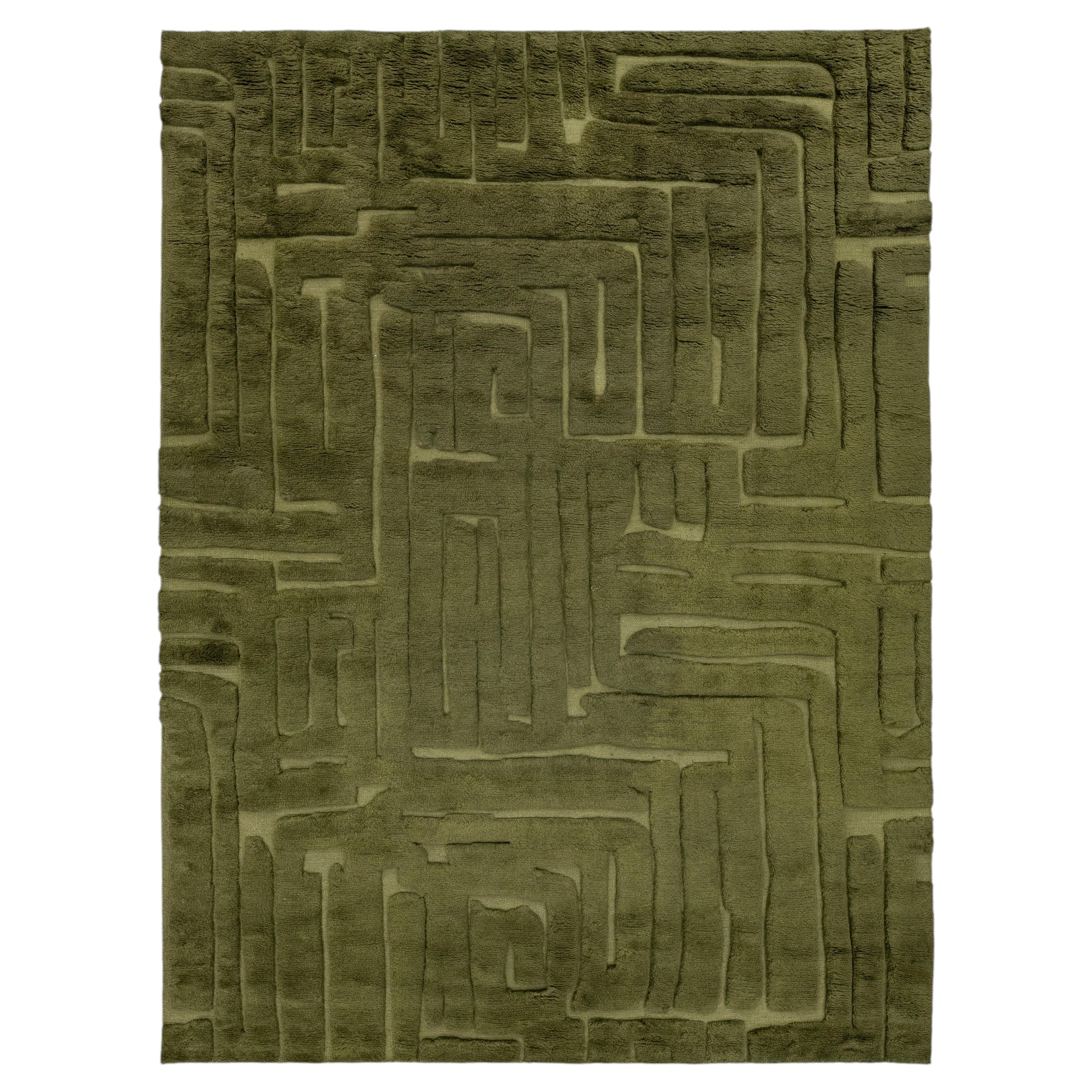 Modern Organic Hand-Knotted Wool Rug in Olive Green with Textured Relief Design For Sale