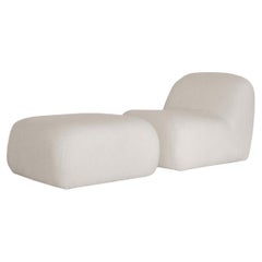 Modern Organic Lounge Chair and Pouffe in Boucle Fabric