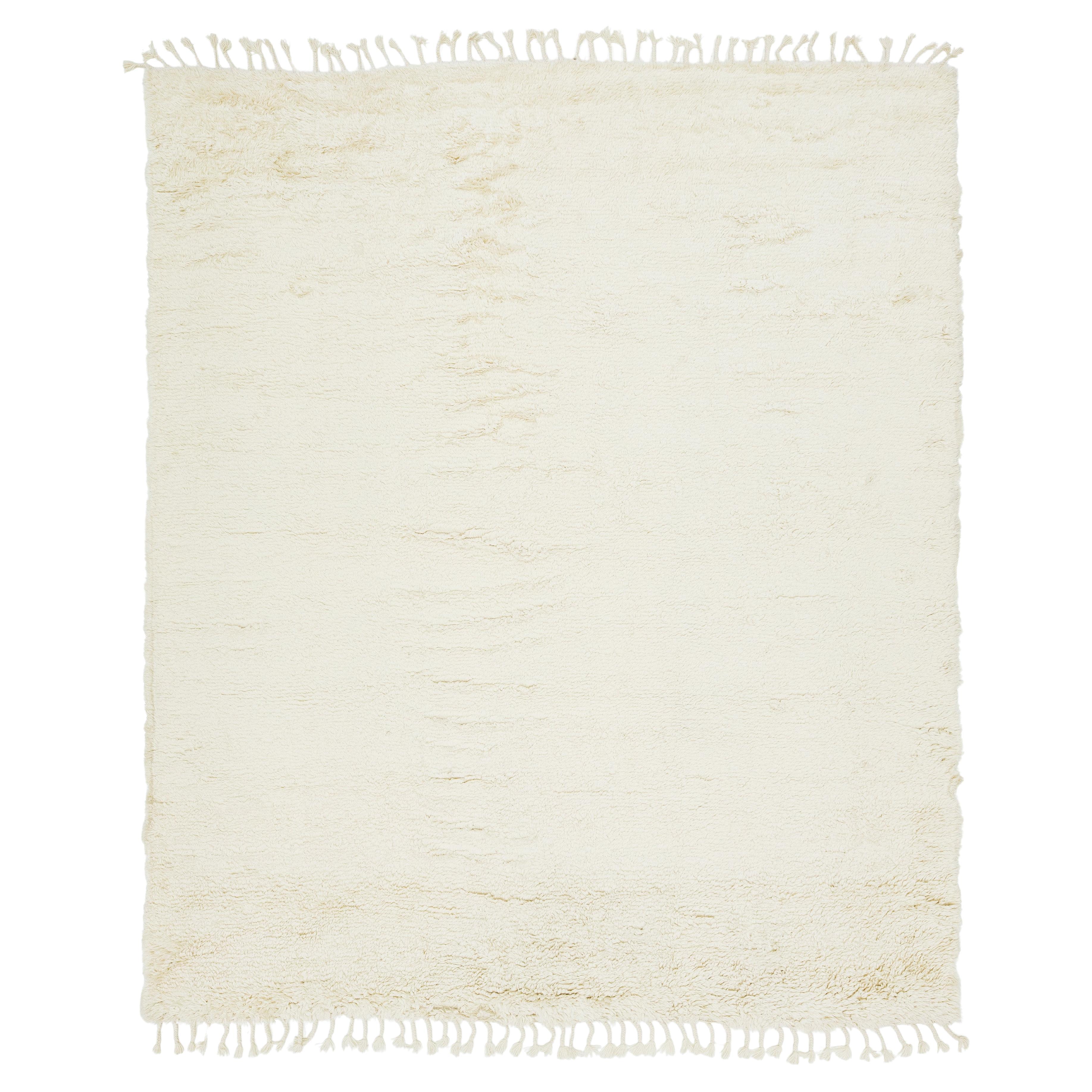 Modern Organic Moroccan Style Wool Rug With Solid Ivory Color