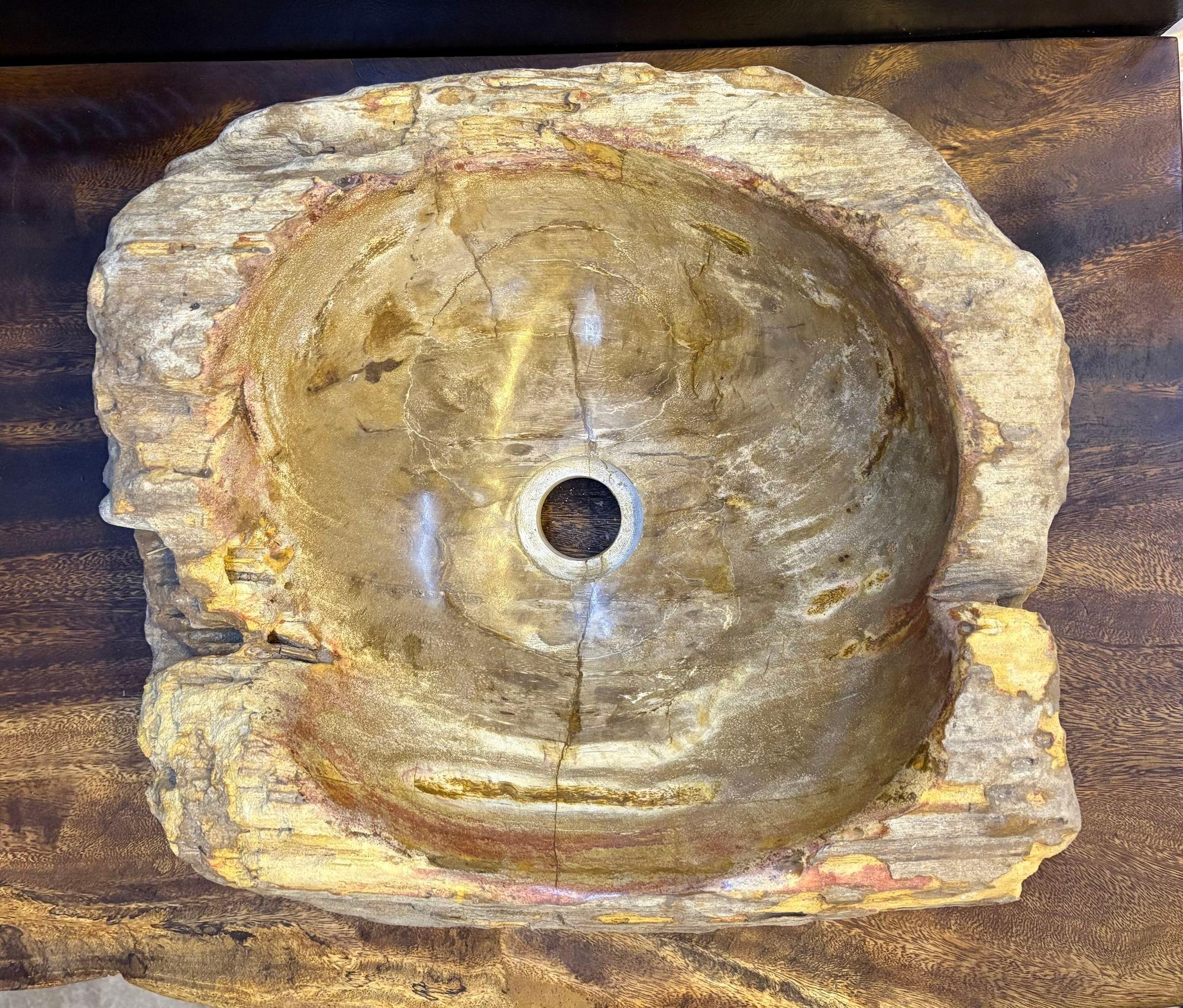 Indonesiano Lavandino moderno organico in legno pietrificato, tonalità grigio/marrone e giallo, IDN 2024 in vendita