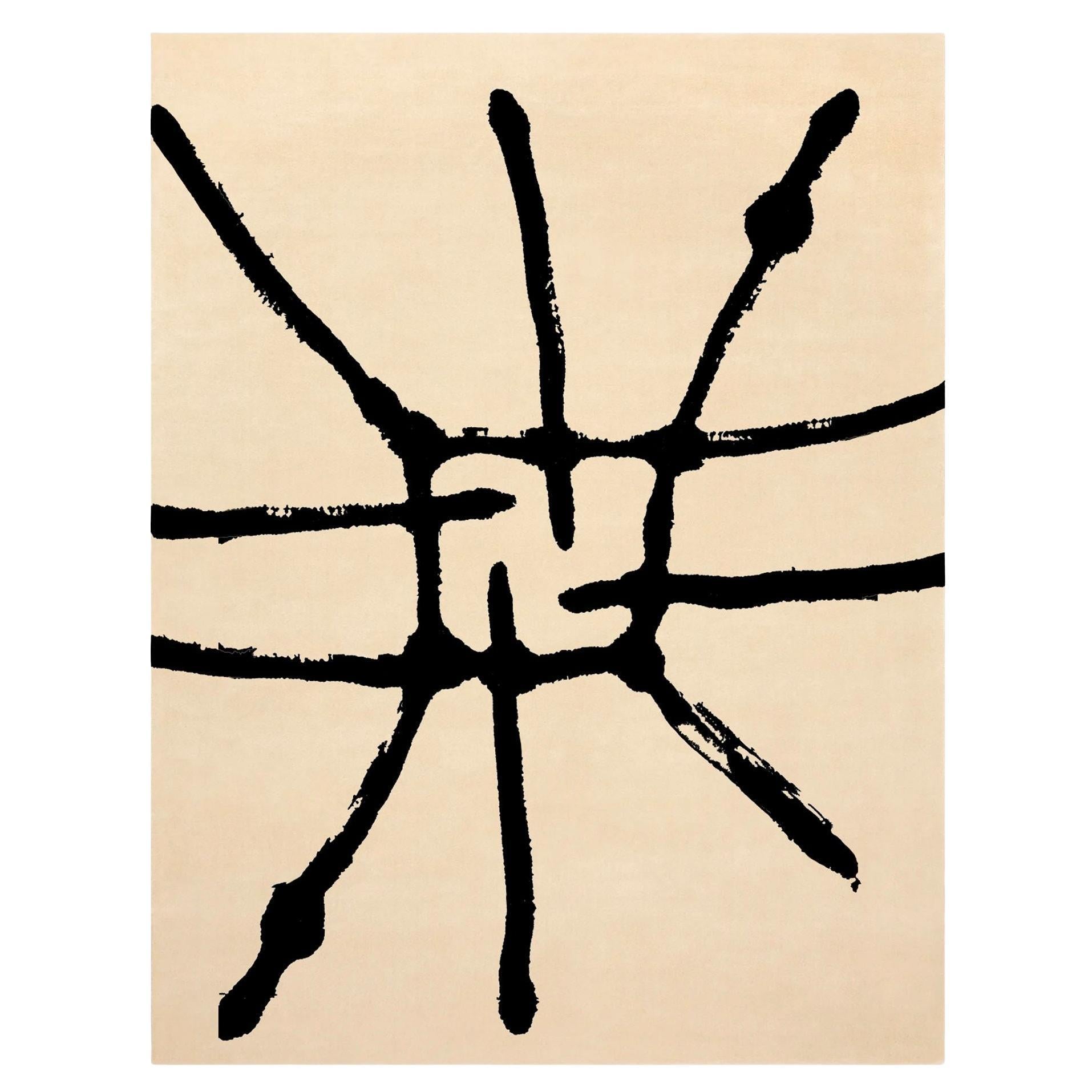 Modern Organic Sand Wool Rug Rectangular Ethnic Minimal Black Lines Pattern