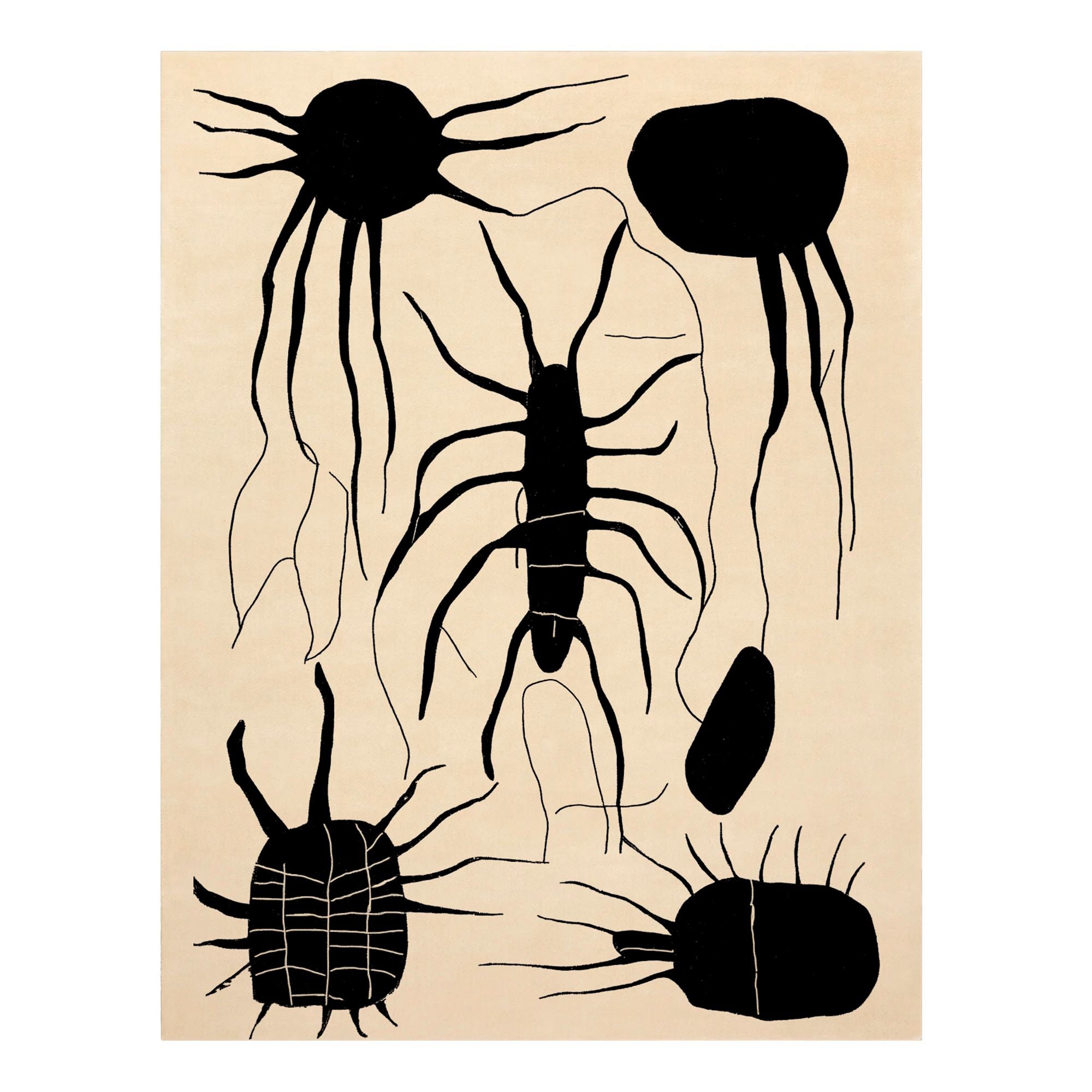 Modern Organic Sand Wool Rug Rectangular with Black Insect Animal Pattern