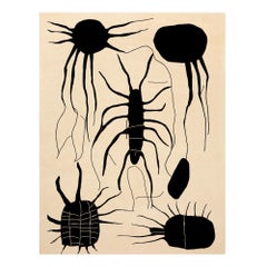 Modern Organic Sand Wool Rug Rectangular with Black Insect Animal Pattern