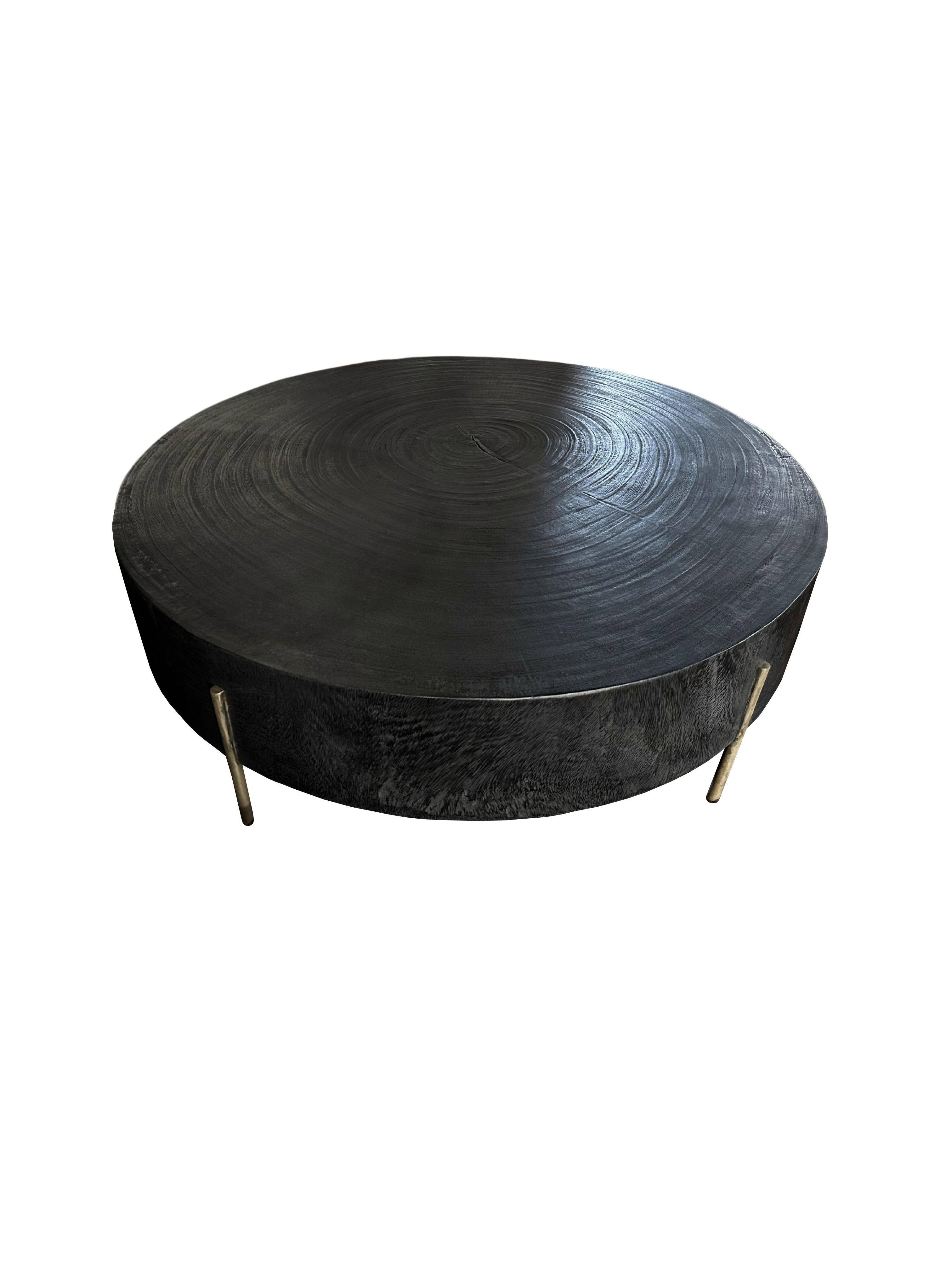 Hand-Crafted Modern Organic Side Table Crafted from Mango Wood with Brass Legs, Burnt Finish For Sale