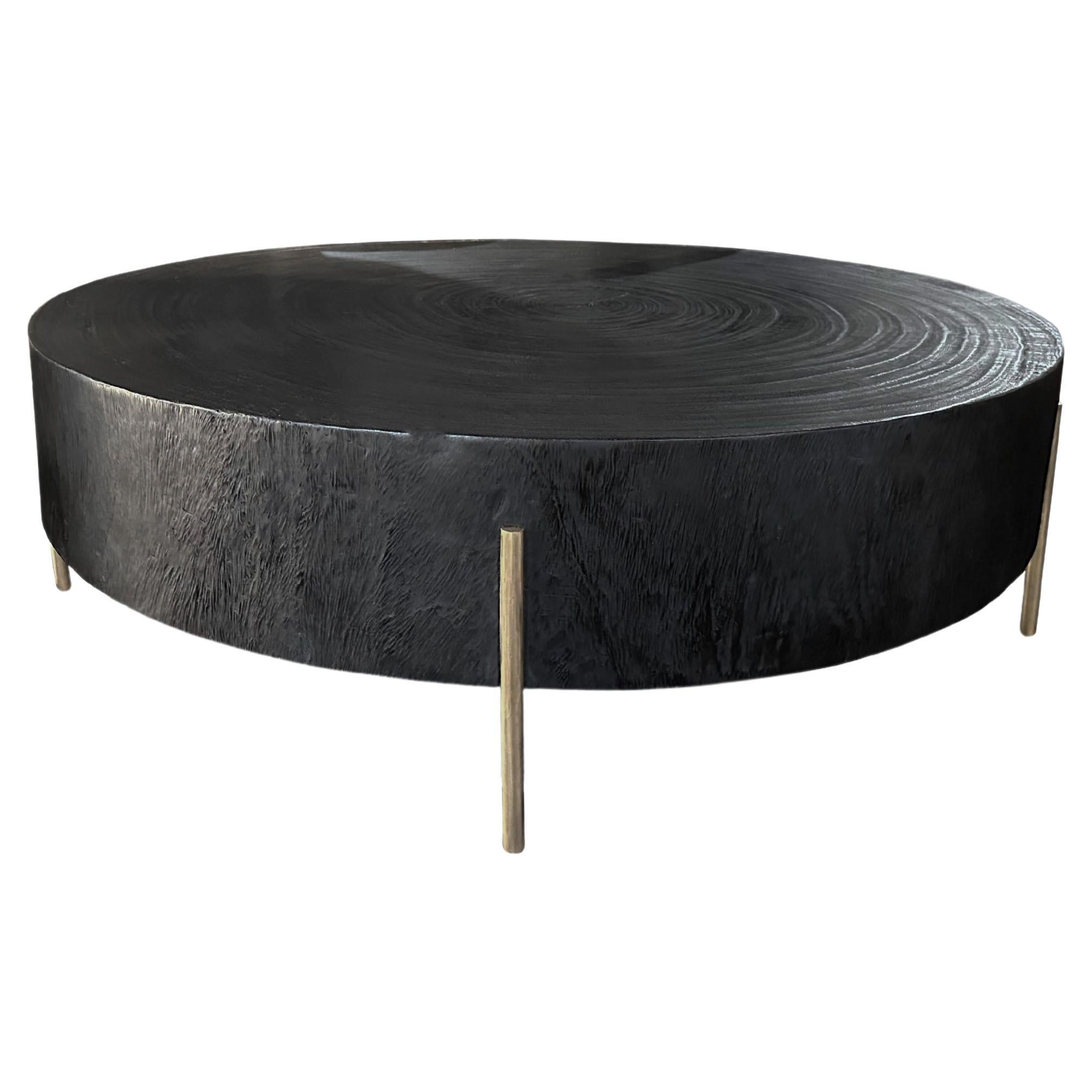 Modern Organic Side Table Crafted from Mango Wood with Brass Legs, Burnt Finish