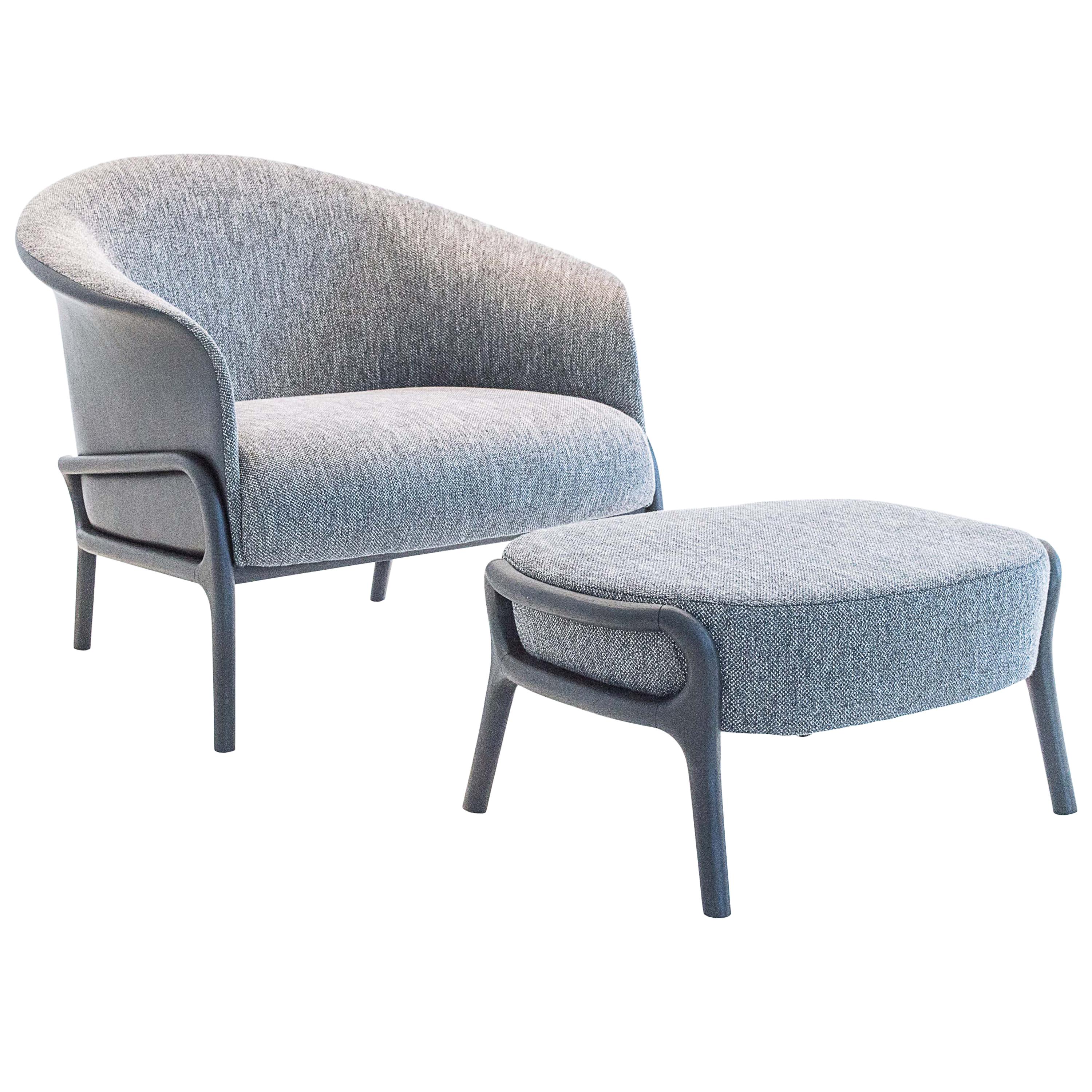 Modern Organic Style Armchair and Foot Stool in Solid Wood, Upholstered Seating