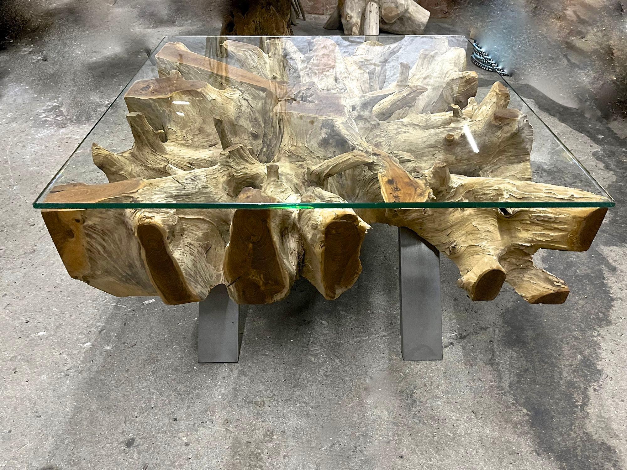 Organic Modern Modern Organic Teak Root Coffee/ Sofa Table with Glass Plate, IDN 2022 For Sale
